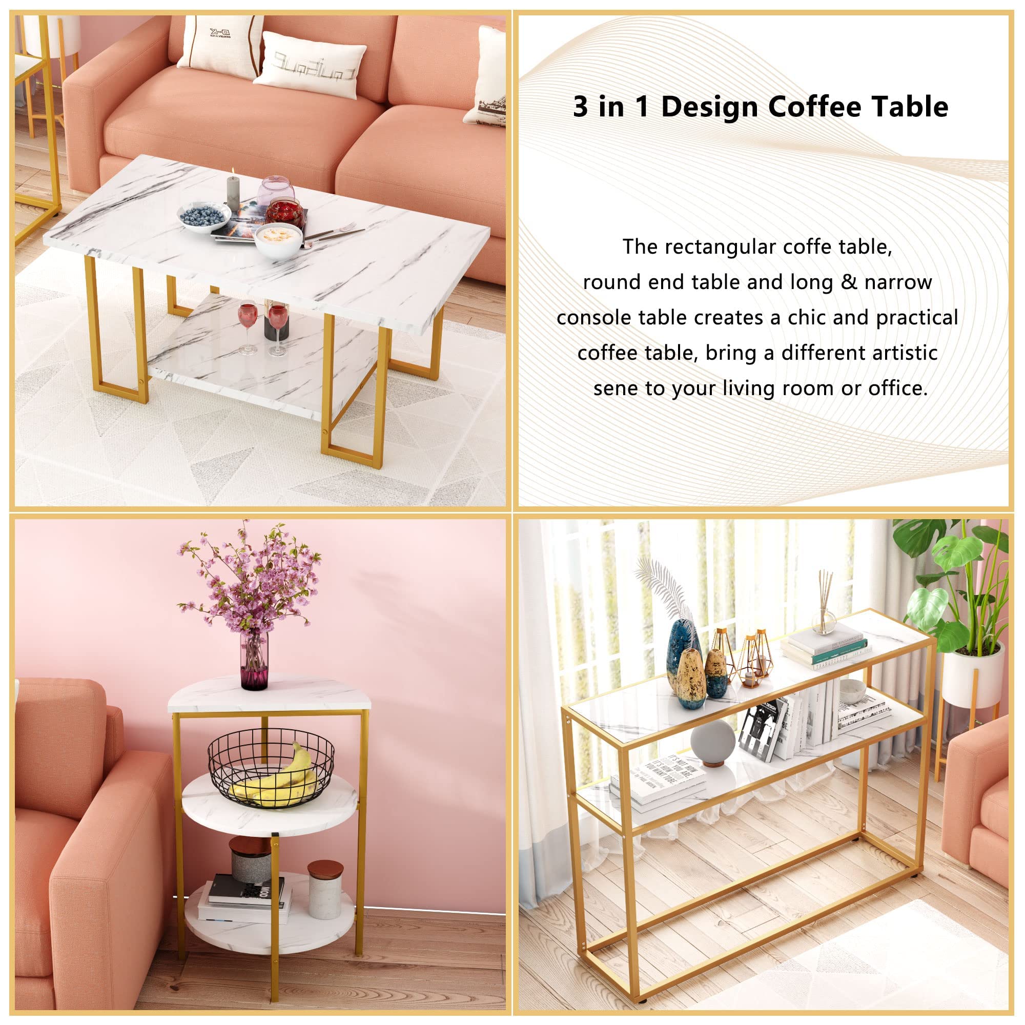 MIERES 3-Piece Faux Marble Coffee Table Set - Modern Living Room Furniture with Semicircle End Table & Sofa Side Console Table, Storage Shelves & Sturdy Metal Frame, White & Gold - Perfect for Small Spaces, Apartments & Cozy Home Decor