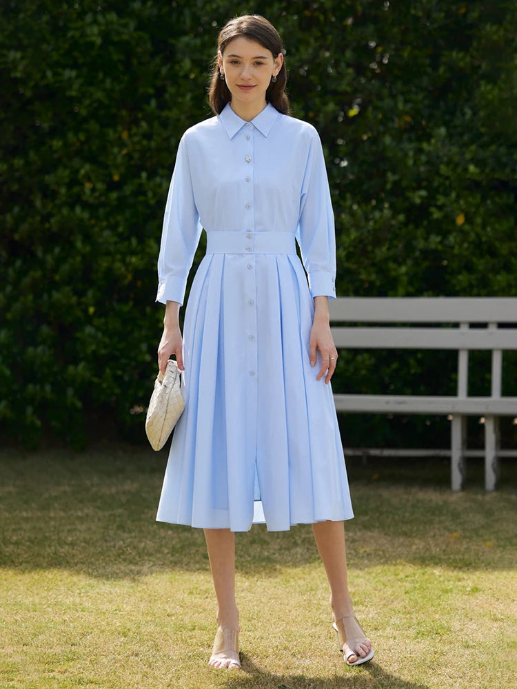 Minimalist Women's Shirt Dress - 2023 Spring Summer White Pleated Long Dress with Adjustable Waist Belt | Elegant Casual Office Wear & Weekend Outfits
