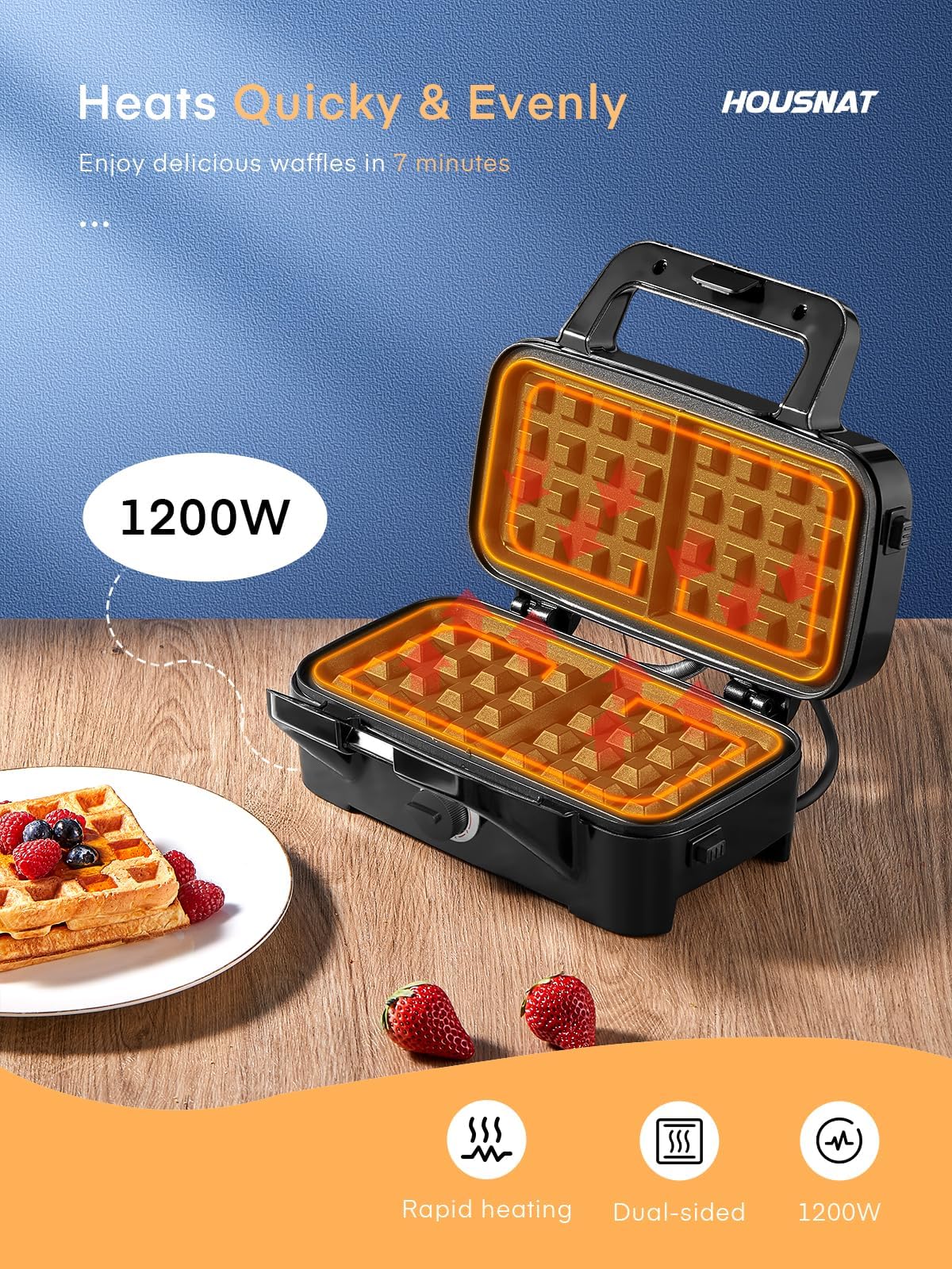 HOUSNAT 3-in-1 Sandwich & Waffle Maker with Removable Non-Stick Plates, 1200W Panini Press Grill, 5-Level Temperature Control & Indicator Lights - Perfect for Breakfast, Lunch & Quick Snacks at Home, Office or Dorm (Black)