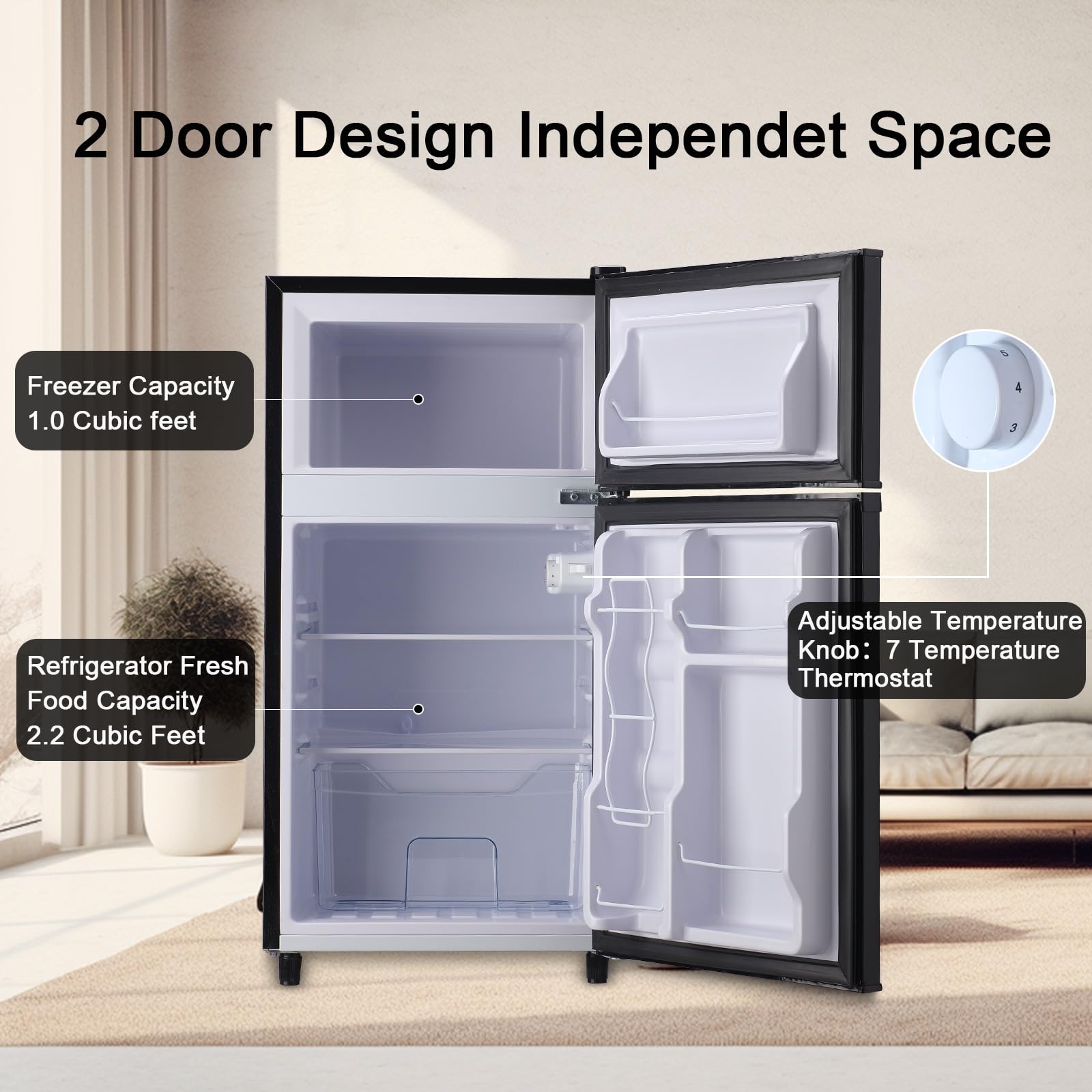 WANAI 3.2 Cu.Ft Mini Fridge with Freezer - Compact Single Door Refrigerator, 5 Temperature Settings, Energy Efficient, Black - Perfect for Dorm, Office, Bedroom, Apartment & Small Spaces