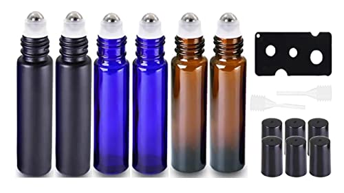HINNASWA Essential Oil Roller Bottles - 10ml Empty Refillable Glass Roll-On Bottles with Stainless Steel Balls, Leak Proof Design (Amber, Blue, Black) - Perfect for Aromatherapy, DIY Essential Oil Blends & Travel Size Skincare