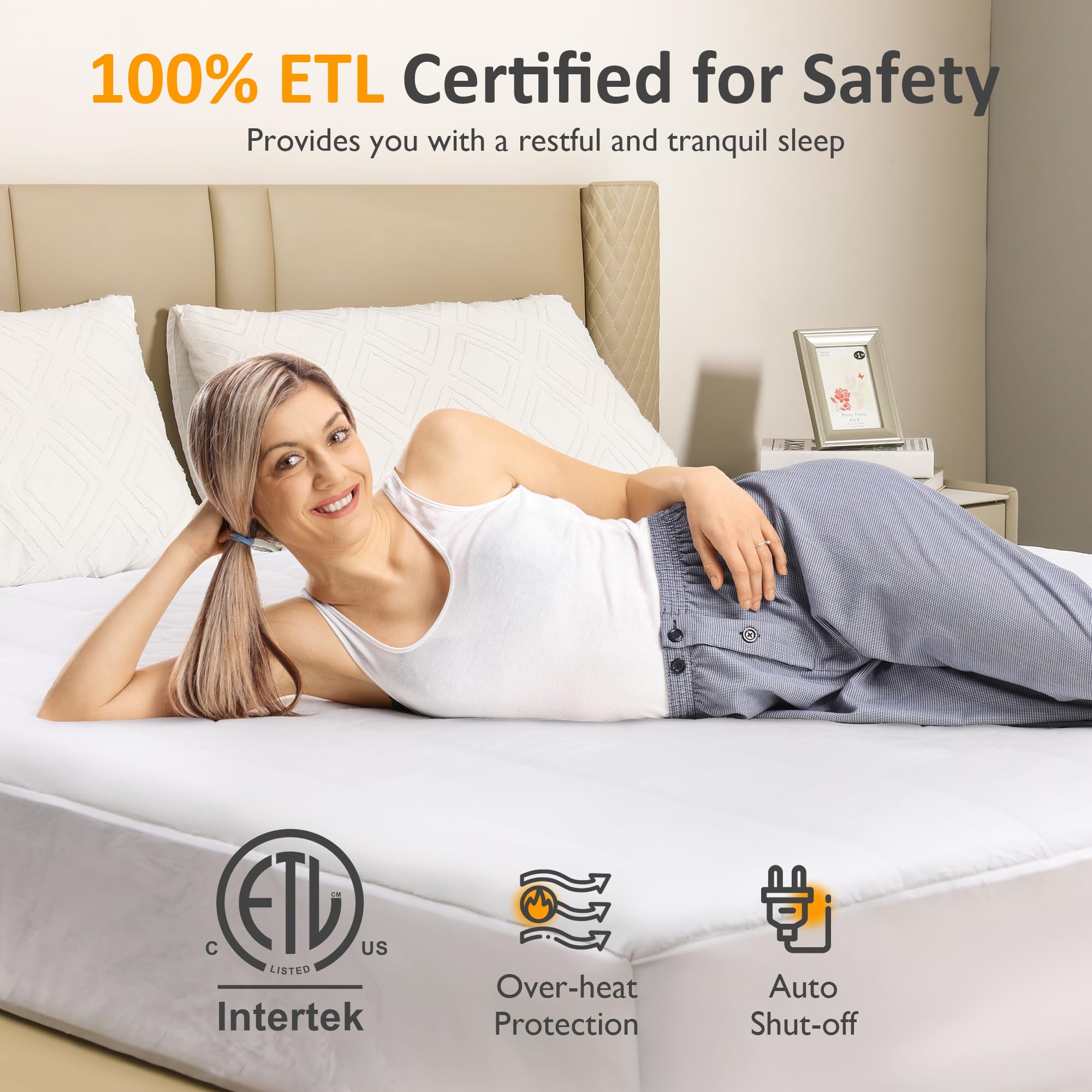 Sunvivi Queen Size Heated Mattress Pad - Electric Bed Warmer with 12-Hour Timer & 10 Heat Settings, Dual Controller, Machine Washable (60