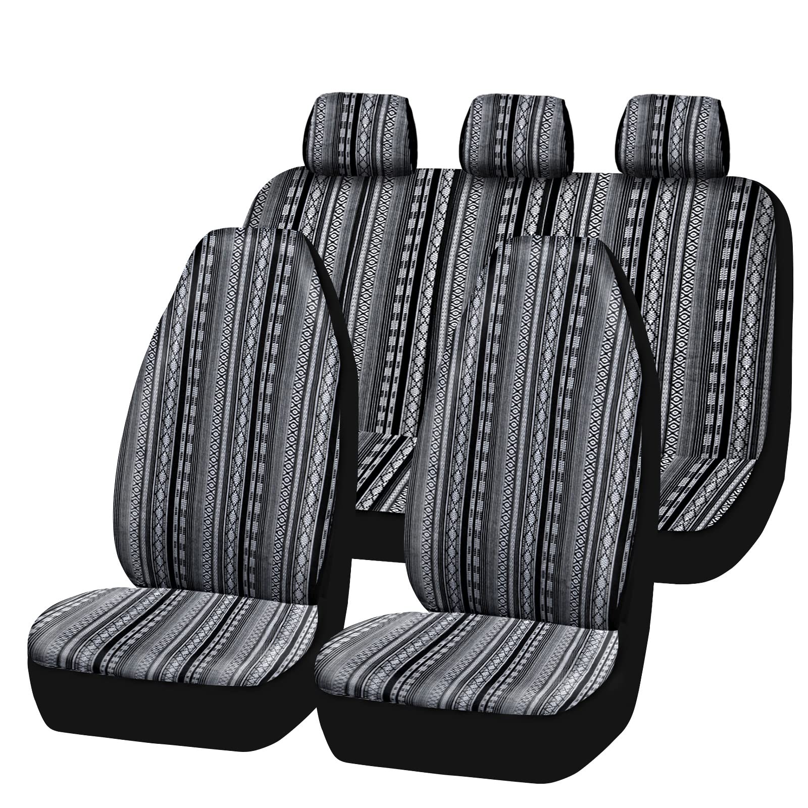 Boho Paisley Stripes Ethnic Saddle Blanket Car Seat Covers Full Set - Universal Fit for Sedan, SUV, Truck & Jeep - Black & Gray - Compatible with Airbags | Perfect for Road Trips, Camping & Outdoor Adventures