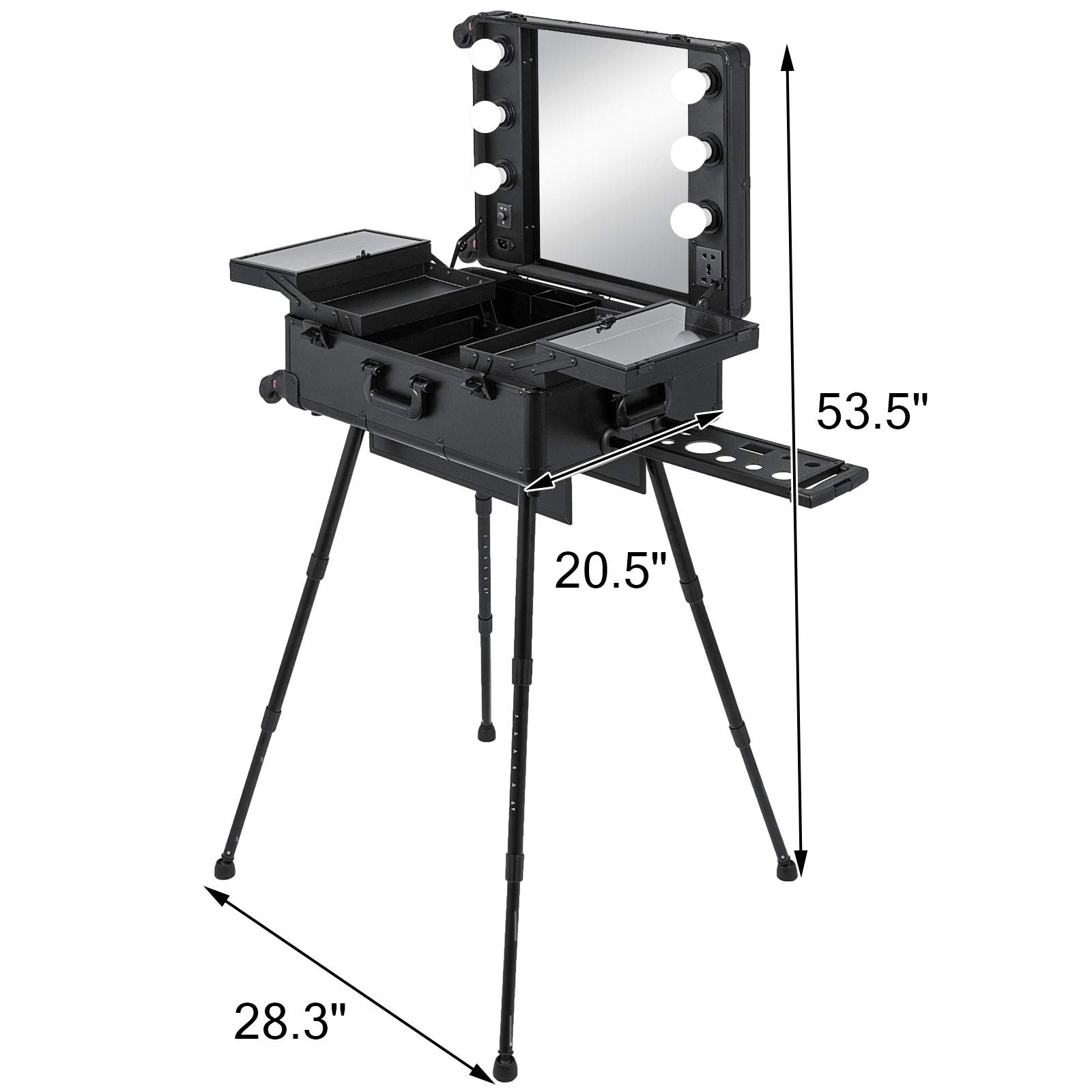 BuoQua Professional Rolling Makeup Station with Adjustable Legs & 6 Lights - 28 x 21 x 54 Inch Lockable Beauty Case for Cosmetic Artists, Home Salon & Studio (Black) - Perfect for Makeup Artists, Beauty Professionals & Home Vanity Organization