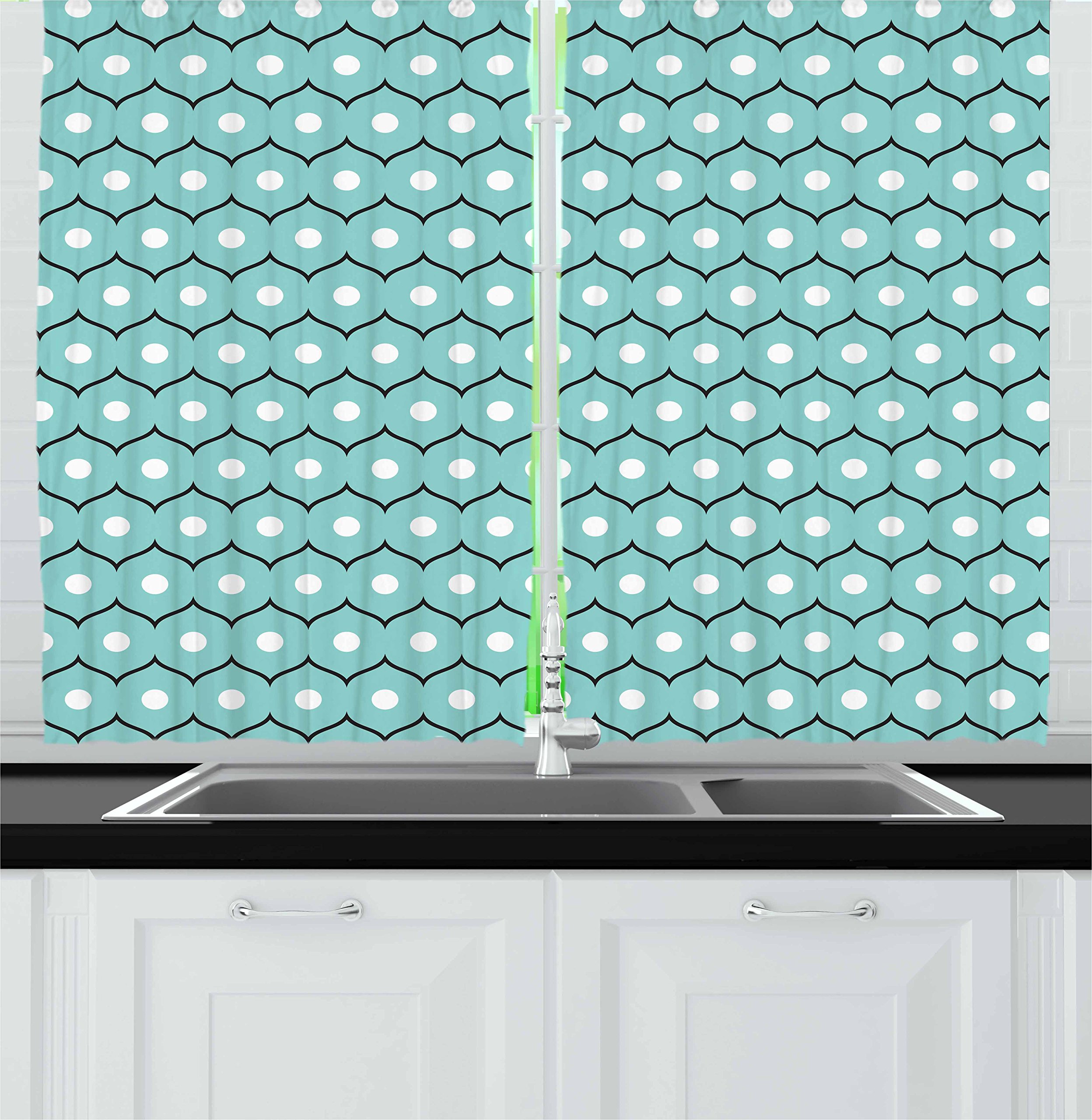 Ambesonne Abstract Kitchen Curtains Set of 2 Panels - Modern Geometric Circles & Wavy Stripes Design in Seafoam Black White - 55 x 39 Inch Window Drapes for Kitchen & Cafe Decor - Perfect for Farmhouse, Retro & Vintage Style Homes