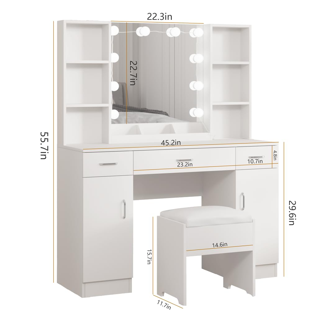 Vabches White Makeup Vanity Desk with LED Lights - 3 Adjustable Lighting Colors, Large Dressing Table with 3 Drawers, 2 Cabinets & Multiple Shelves (45.2 Inch) - Perfect for Bedroom, Dorm Room & Beauty Salon Makeup Station