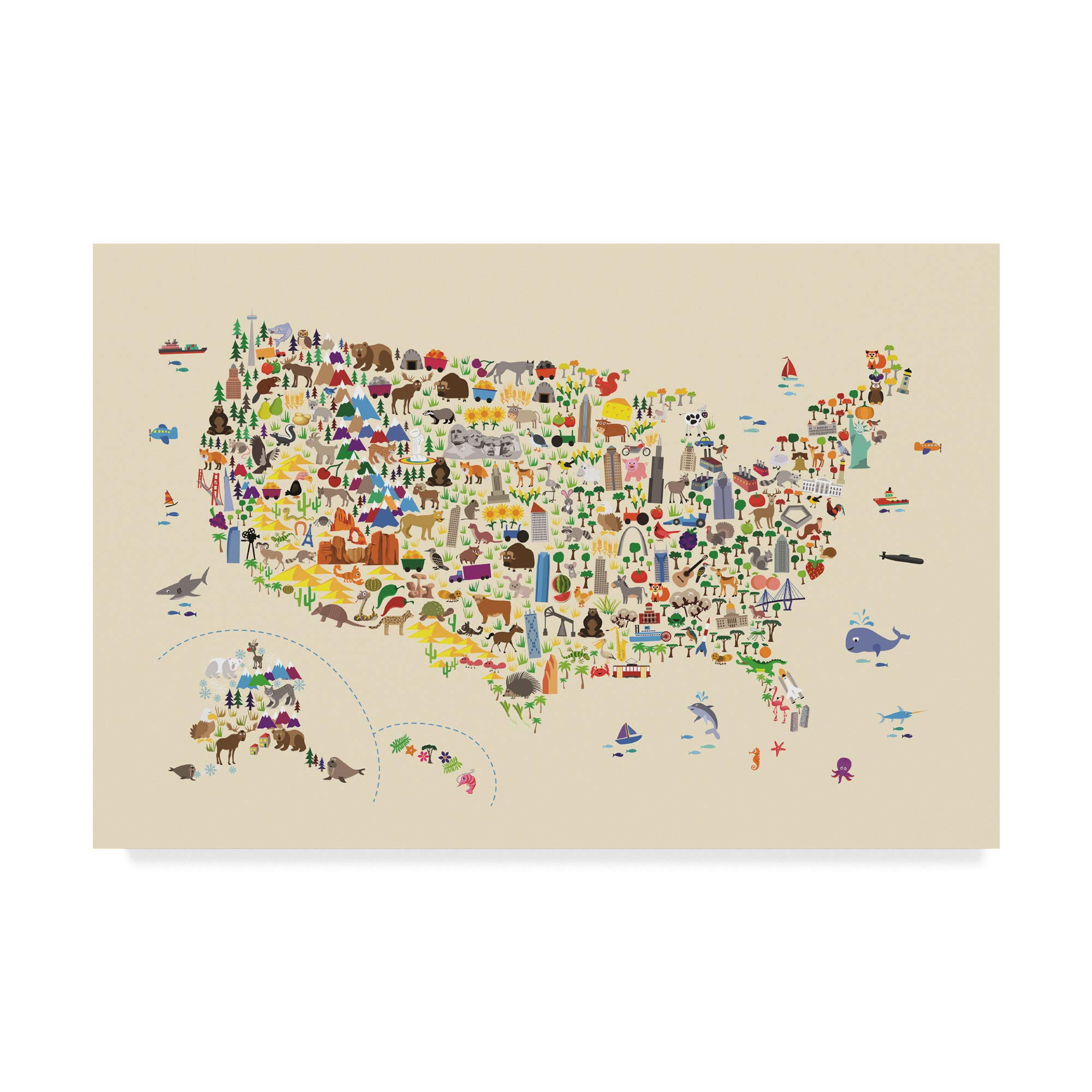 Michael Tompsett Animal Map of the United States - Educational Kids Wall Art Print, 30x47 Inches, Beige - Perfect for Children's Bedrooms & Classrooms