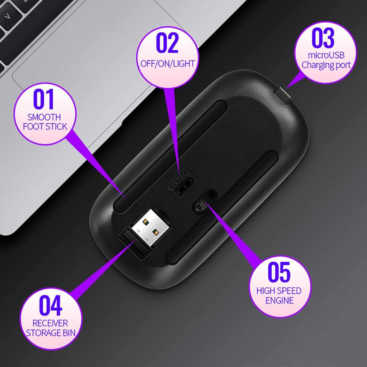 Vinmooog Wireless Rechargeable Ergonomic Bluetooth Mouse - 7 Color Backlit Gaming Mouse with Adjustable 3 DPI & 2.4GHz USB Receiver for PC, Laptop, Office & Gaming (Black) - Perfect for Work, Gaming & Travel