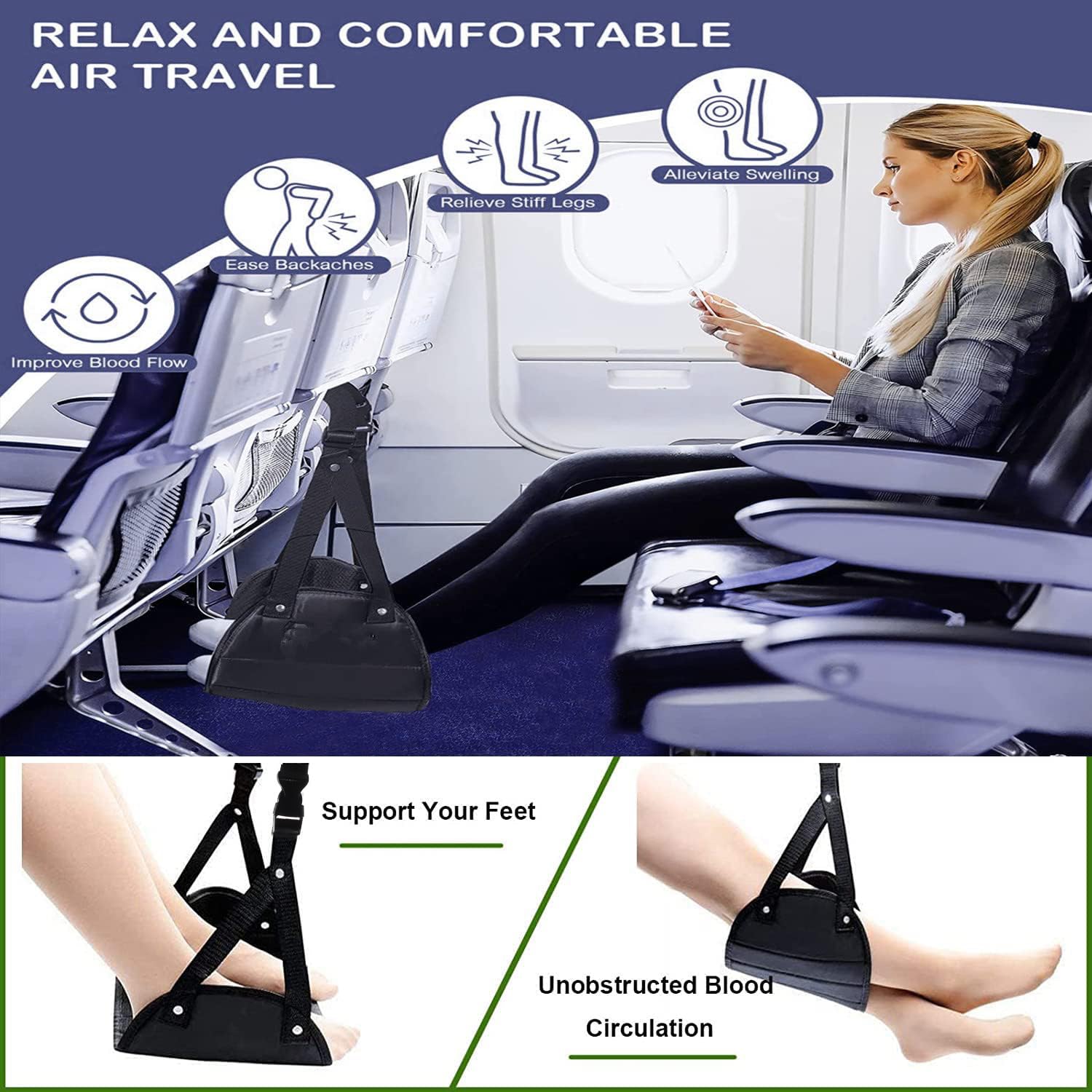 Premium Airplane Foot Rest with Adjustable Height - Comfortable Travel Footrest Made of High-Quality Foam - Portable Flight Accessory for Carry-On - Perfect for Long Flights & Road Trips (Black)