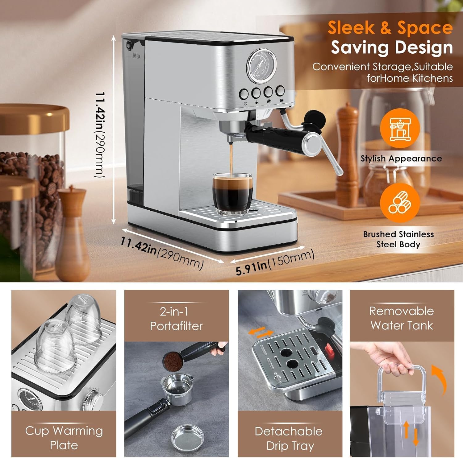 20 Bar Stainless Steel Espresso Coffee Machine with Milk Frother & Steam Wand - Professional Barista Quality Home Espresso Maker for Latte, Cappuccino & Americano - Perfect for Kitchen, Office & Coffee Shop Use