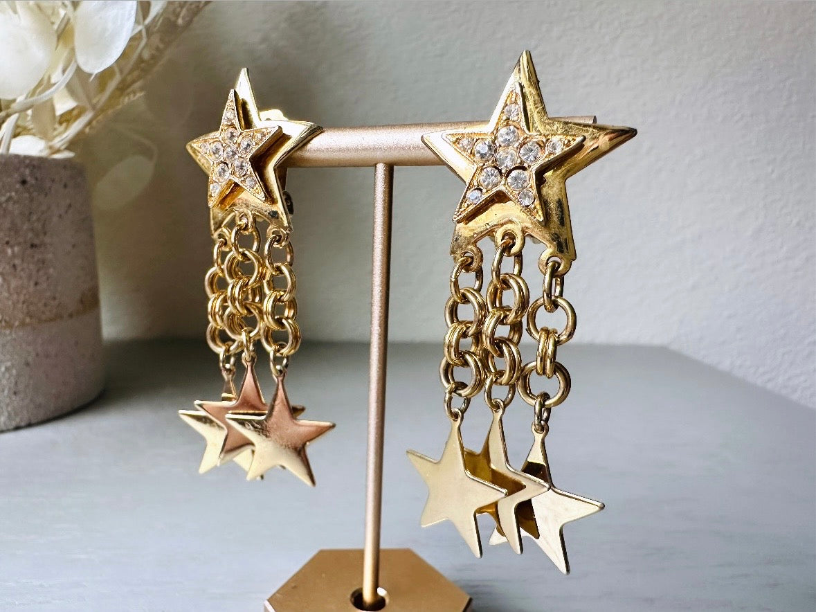 Vintage Gold Star Earrings - Pave Rhinestone Chain Tassel Clip-On Dangle Earrings for Women | Perfect for Parties, Weddings & Evening Events