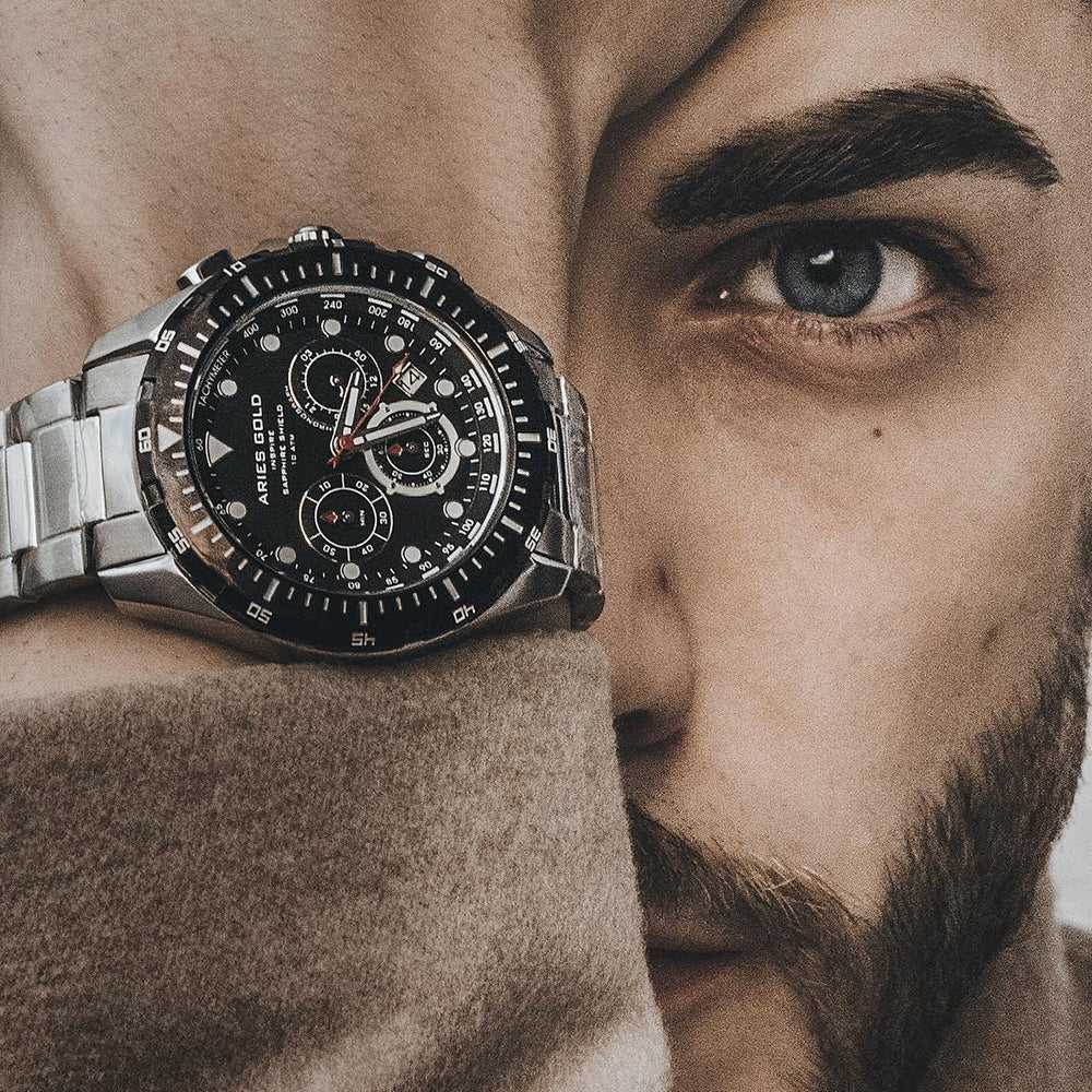 Aries Gold Atlantic G 7002 SBK BK Men's Luxury Watch - Stylish Chronograph for Business, Casual & Formal Occasions