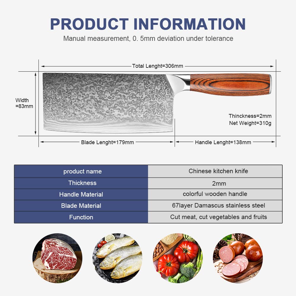 Premium 7-inch Chinese Chef Knife - Damascus Stainless Steel Meat Cleaver & Vegetable Chopper for Professional Cooking | Heavy Duty Kitchen Knife for Slicing, Dicing & Food Prep (DM220613R10Y)