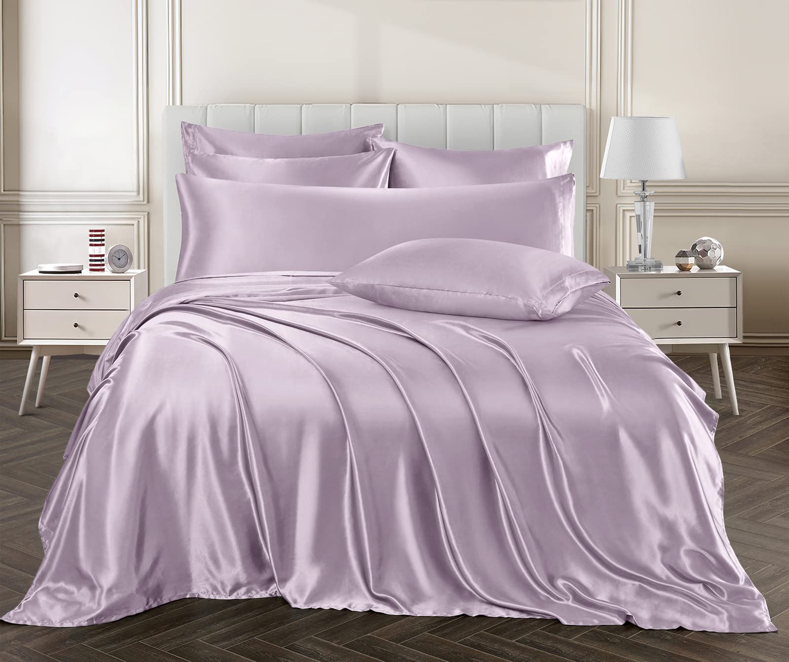 Luxury 7-Piece Satin Sheet Set Queen Size - Silky Soft Lavender Satin Bedding with Deep Pocket Fitted Sheet, Flat Sheet & 4 Pillowcases + Body Pillowcase for Bedroom Decor & Romantic Nights