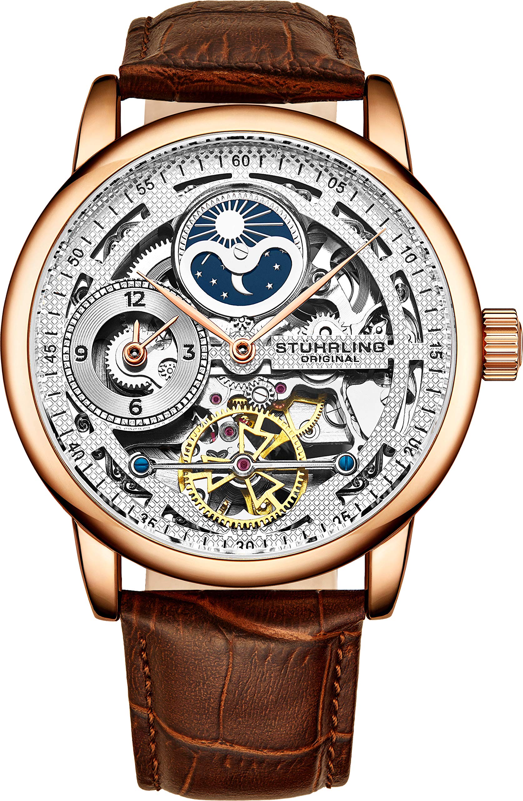 Stührling Original Men's Skeleton Automatic Watch with Dual Time, AM/PM Sun Moon Display & Genuine Leather Band - Luxury Legacy Collection for Business, Formal Events & Gift Giving
