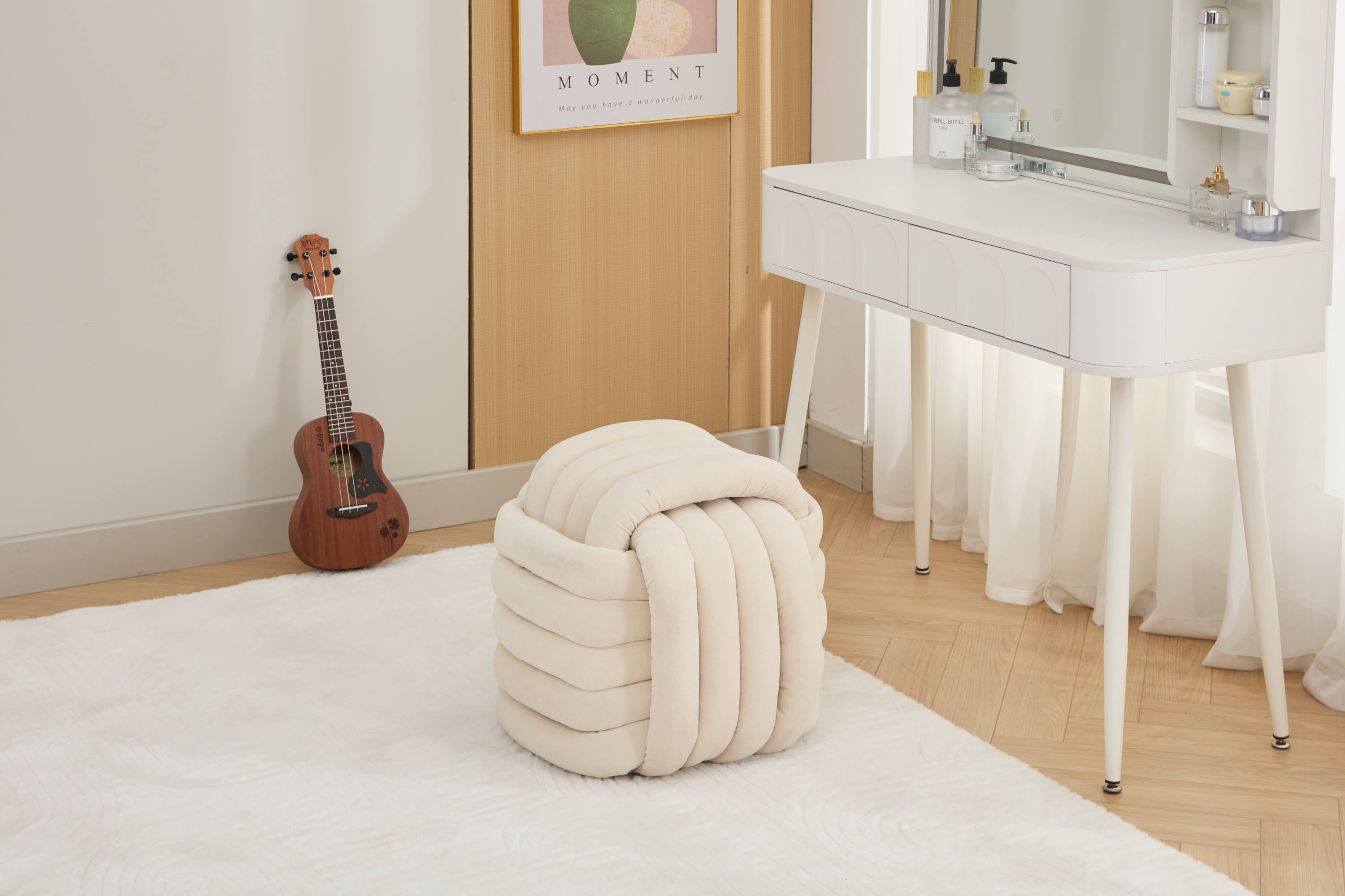 Modern Knot Design Chenille Fabric Ottoman Footstool - Comfortable & Stylish Makeup Stool for Living Room, Bedroom - Beige Home Decor Accent | Perfect for Lounging, Reading Nook & Vanity Seating
