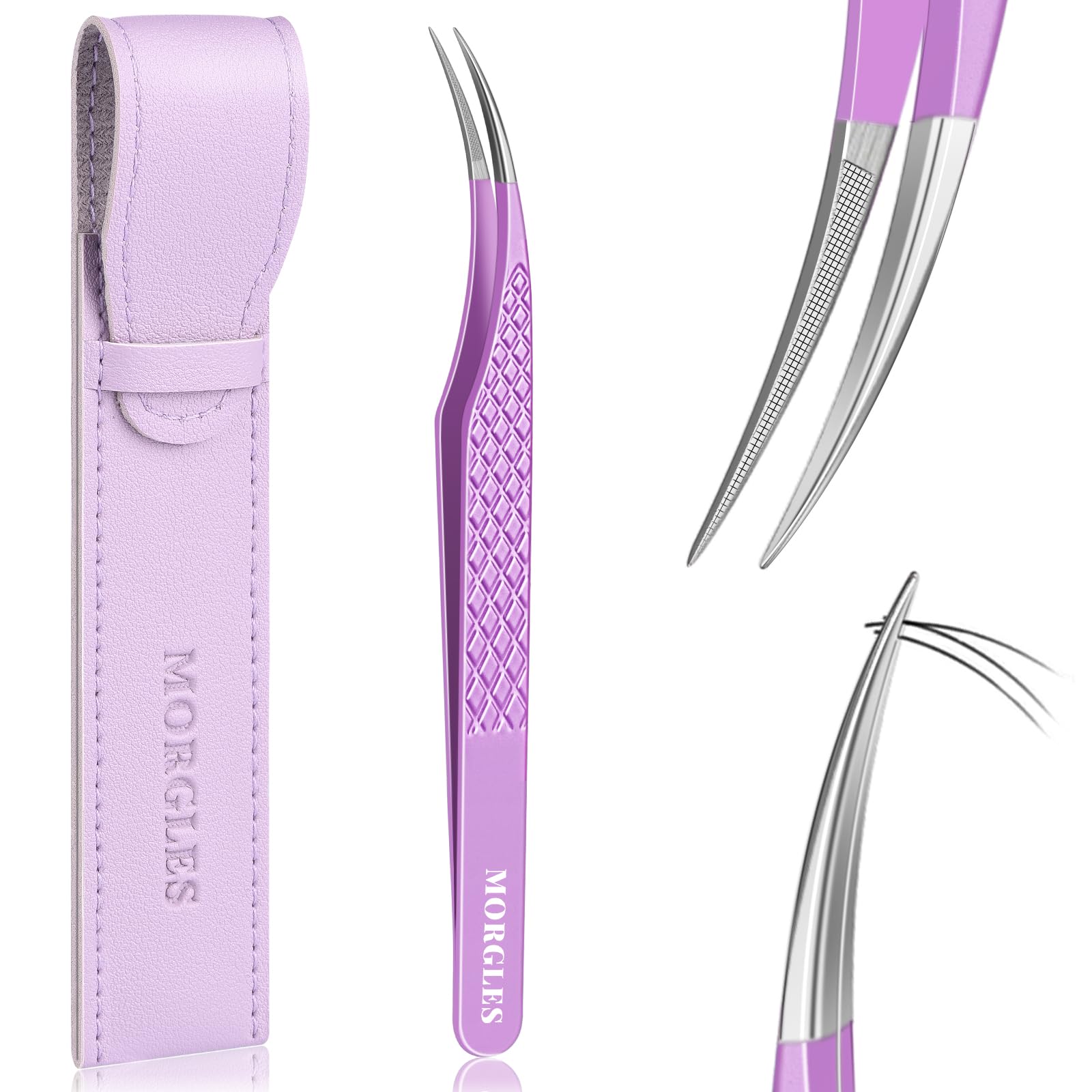 Professional Curved Eyelash Extension Tweezers for Isolation & Fanning - MORGLES Volume Lash Tweezers with Storage Bag (Purple) - Perfect for Salon, DIY Lash Extensions & Professional Stylists