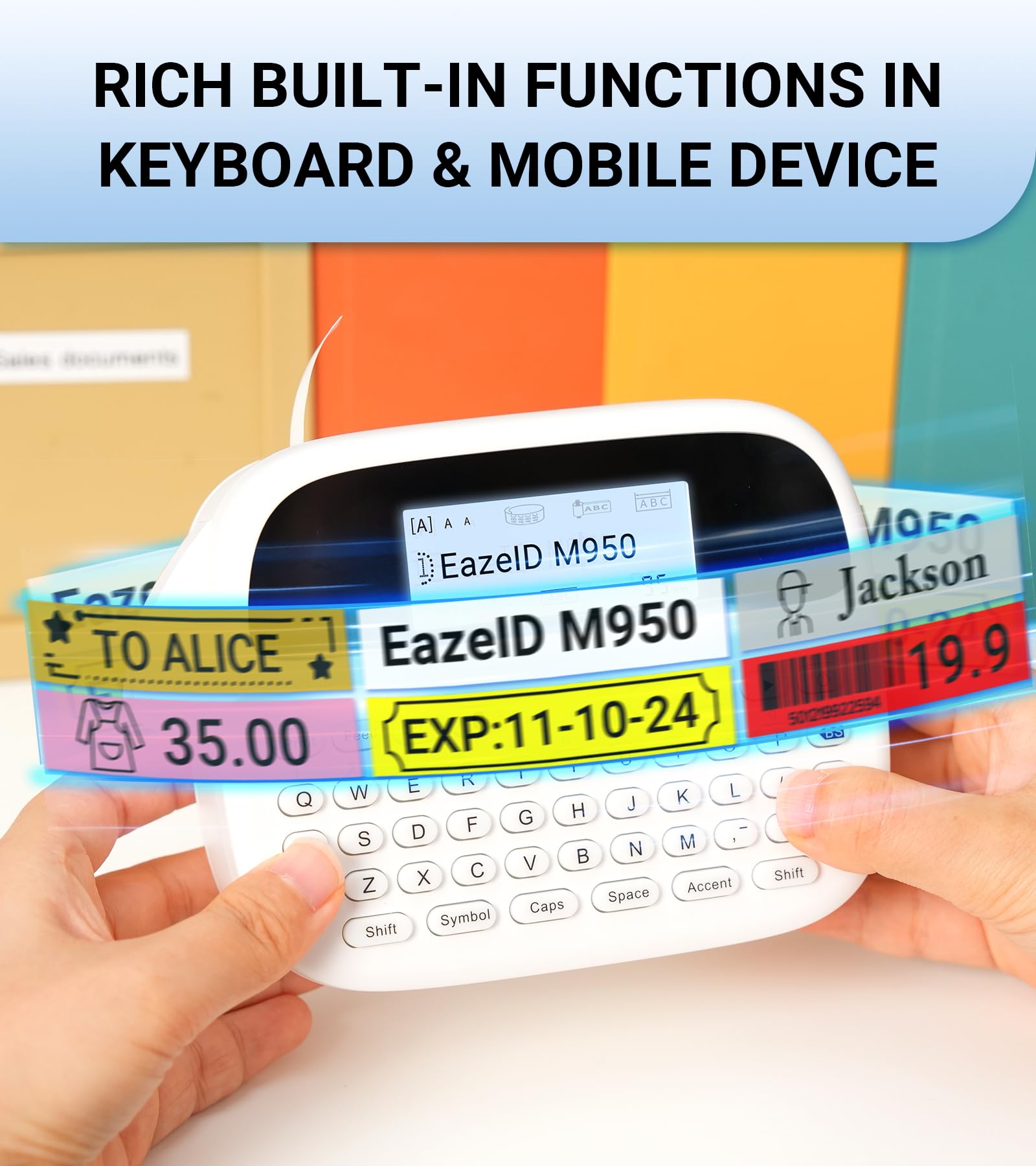 Rechargeable Bluetooth Label Maker M950 - Waterproof Label Printer with Keyboard & Backlit Screen | Portable Labeling Machine for Home, Office, School & Organization | DIY Crafts, Pantry, File & Storage Labels