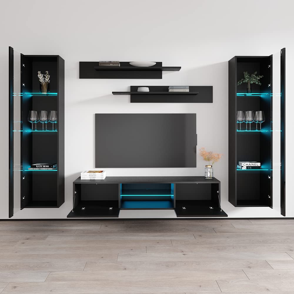 Modern Wall-Mounted TV Stand with Storage Shelves & LED Lights - Floating Entertainment Center Console for Bedroom & Living Room - AB2 33TV Stand by Meble Furniture - Perfect for Small Spaces, Apartments & Home Theater Setups - Black