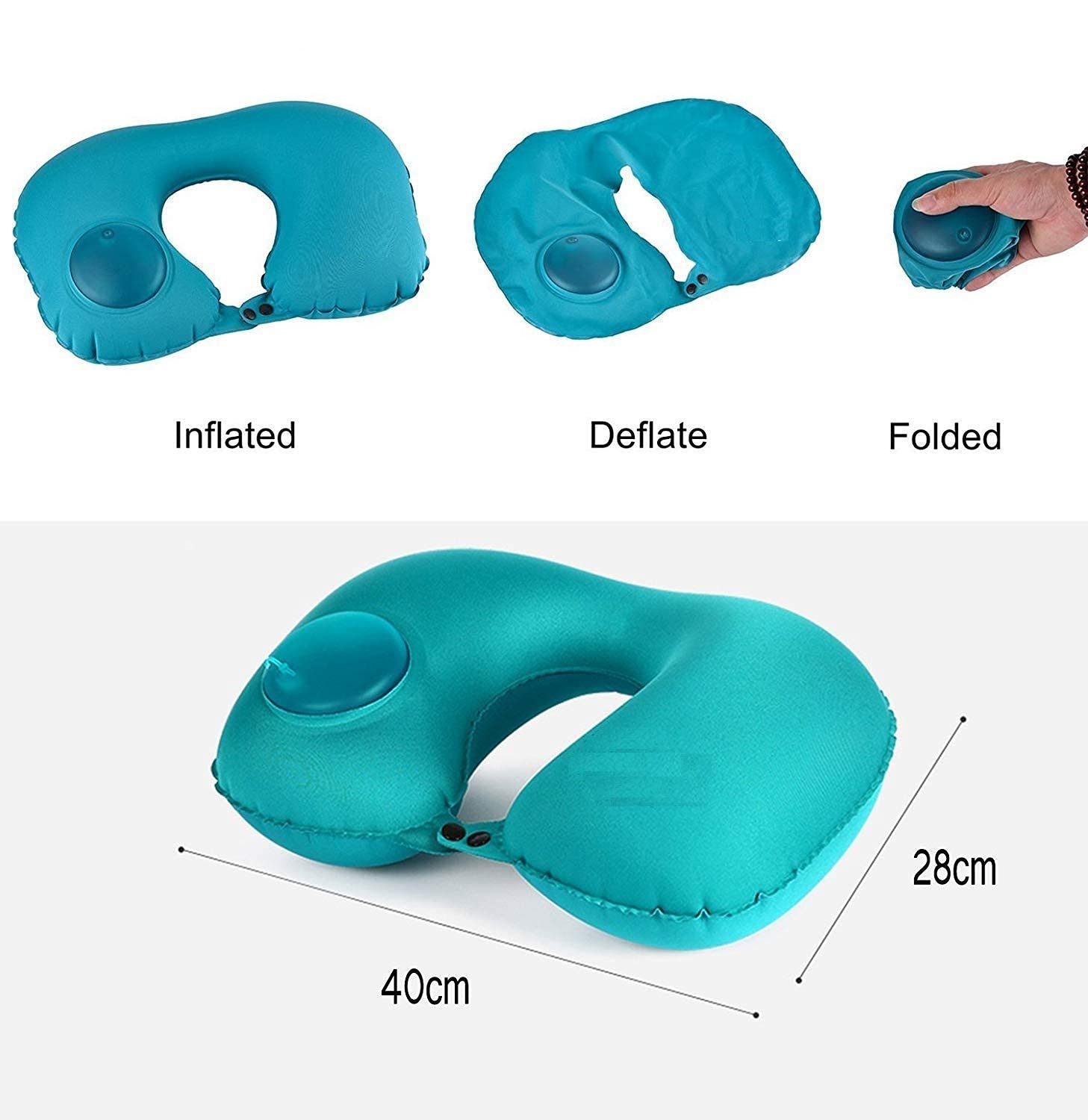 HOMAVA Silk Travel Backpack Neck Pillow - Manual Press Automatic Inflatable U-Shaped Pillow for Airplane, Car, Office - 15.74 X 11.02 Inch, Blue - Perfect for Long Flights, Road Trips & Work Comfort