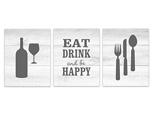 Farmhouse Kitchen Wall Art - Gray & White 'Eat Drink Be Happy' Canvas Print 11x14 Inches - Perfect for Dining Room, Kitchen Decor & Farmhouse Style Home