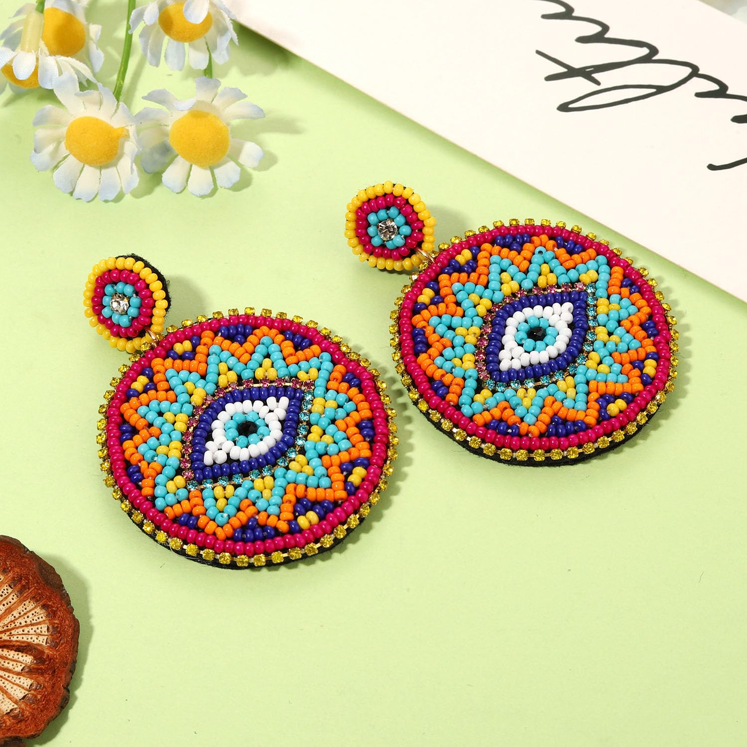 Handmade Bohemian Beaded Evil Eye Drop Earrings for Women - Multicolor Statement Dangle Earrings with Round Heart Design | Perfect for Boho Fashion, Festivals & Gift Giving
