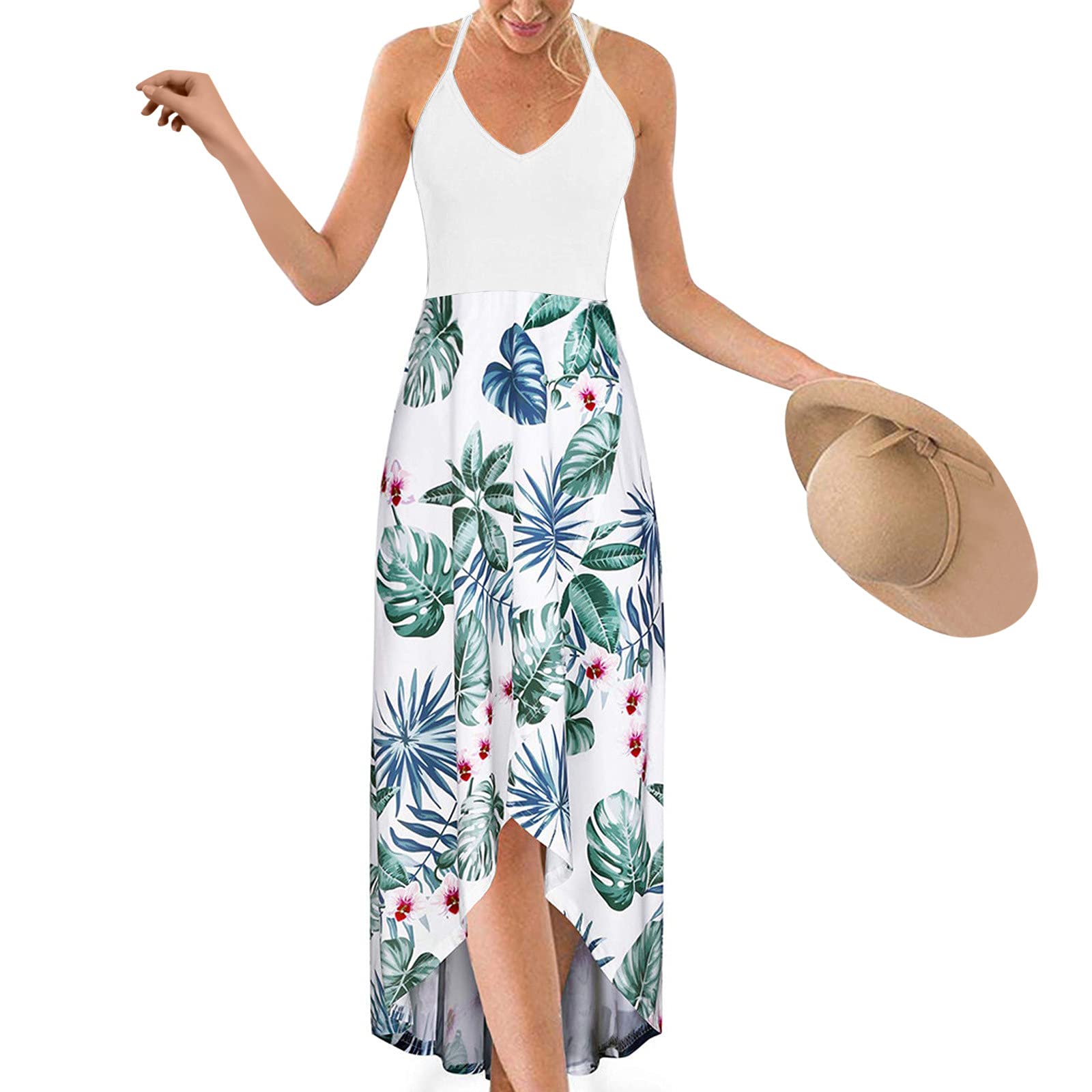 AIHOU Women's Asymmetrical Floral Patchwork Maxi Dress - Sleeveless Summer Sundress for Beach, Party & Casual Wear | Sexy Cami Tank Dress for Vacation, Date Night & Outdoor Events