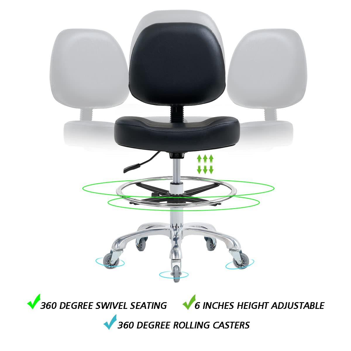 Ergonomic Drafting Chair for Standing Desk - Adjustable Height Office Stool with Backrest & Wheels, Rolling Stool for Estheticians, Salon, Studio & Workbench (Black with Footrest) - Perfect for Tattoo Artists, Hair Stylists & Home Office Workspaces