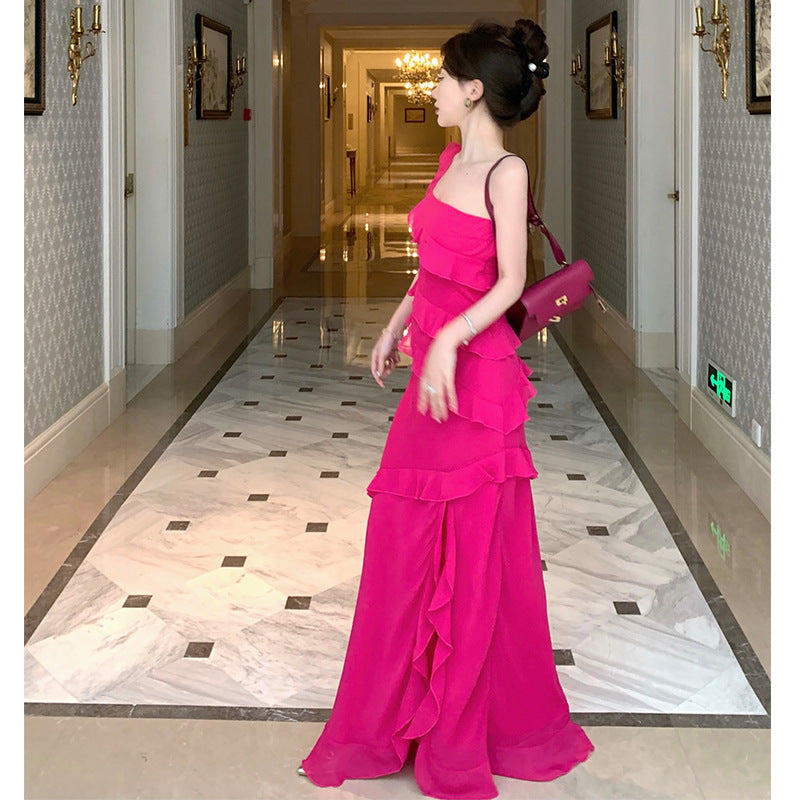 French One Shoulder Rose Red Slit Long Dress for Women - 2023 Summer Fashion Elegant Evening Gown for Parties, Weddings & Date Nights