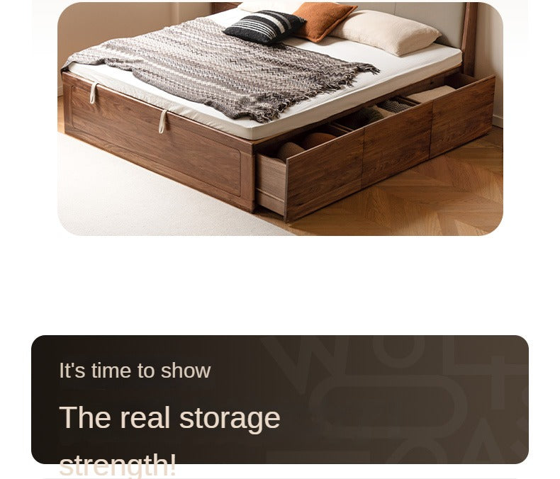 Solid Black Walnut Wood Leather-Upholstered Drawer Box Bed - Nordic Style Platform Bed with Storage for Modern Bedroom