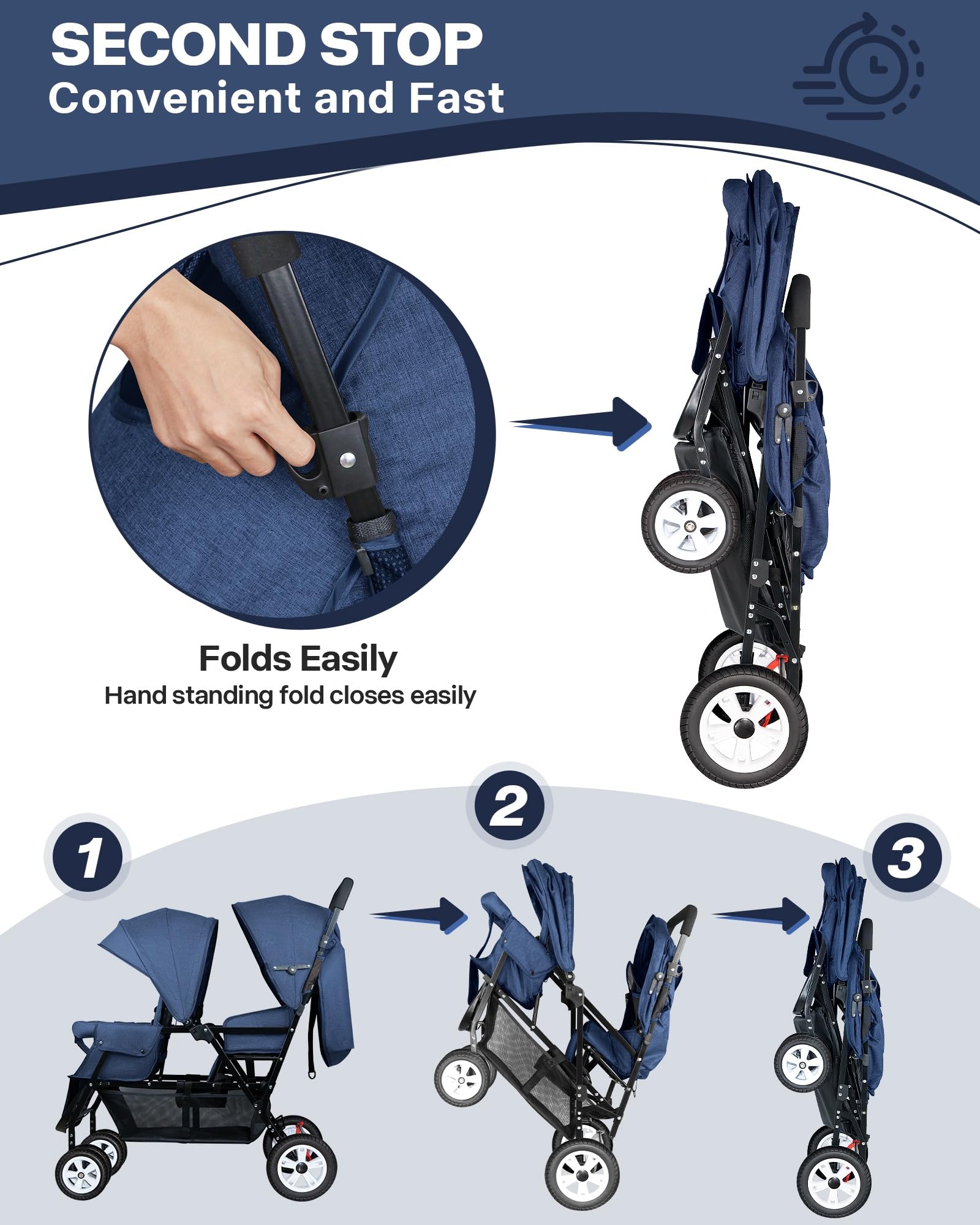 Premium Double Stroller for Infants & Toddlers - Foldable Tandem Baby Stroller with Adjustable Backrest, Mosquito Net & Accessories (Blue) - Perfect for Twins, Siblings or Daycare Outings