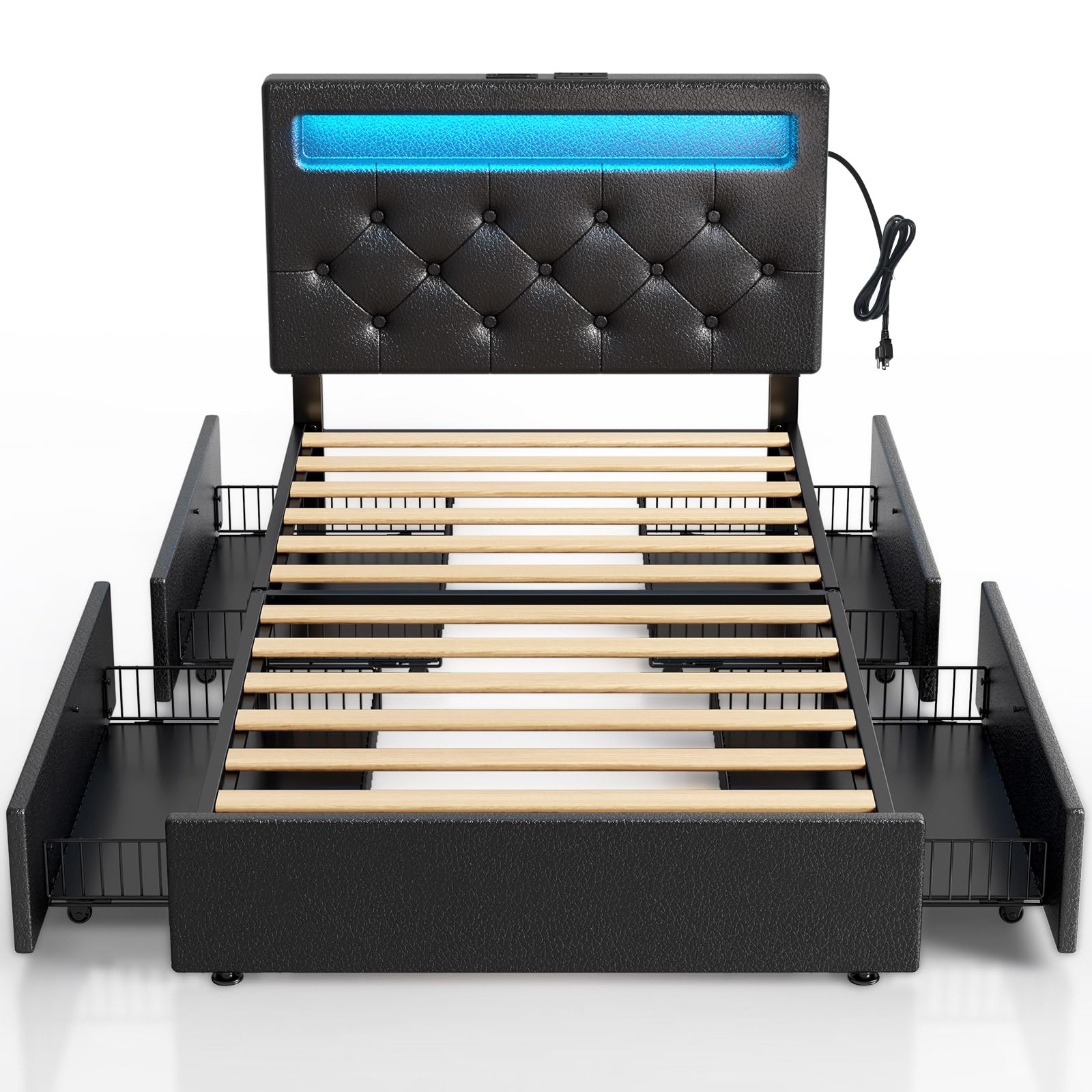 **Rolanstar Twin Size Upholstered PU Leather Bed Frame with USB Charging Station, LED Lights, Adjustable Headboard & 4 Storage Drawers - No Box Spring Needed, Easy Assembly, Black - Perfect for Small Bedrooms, Dorms & Guest Rooms**