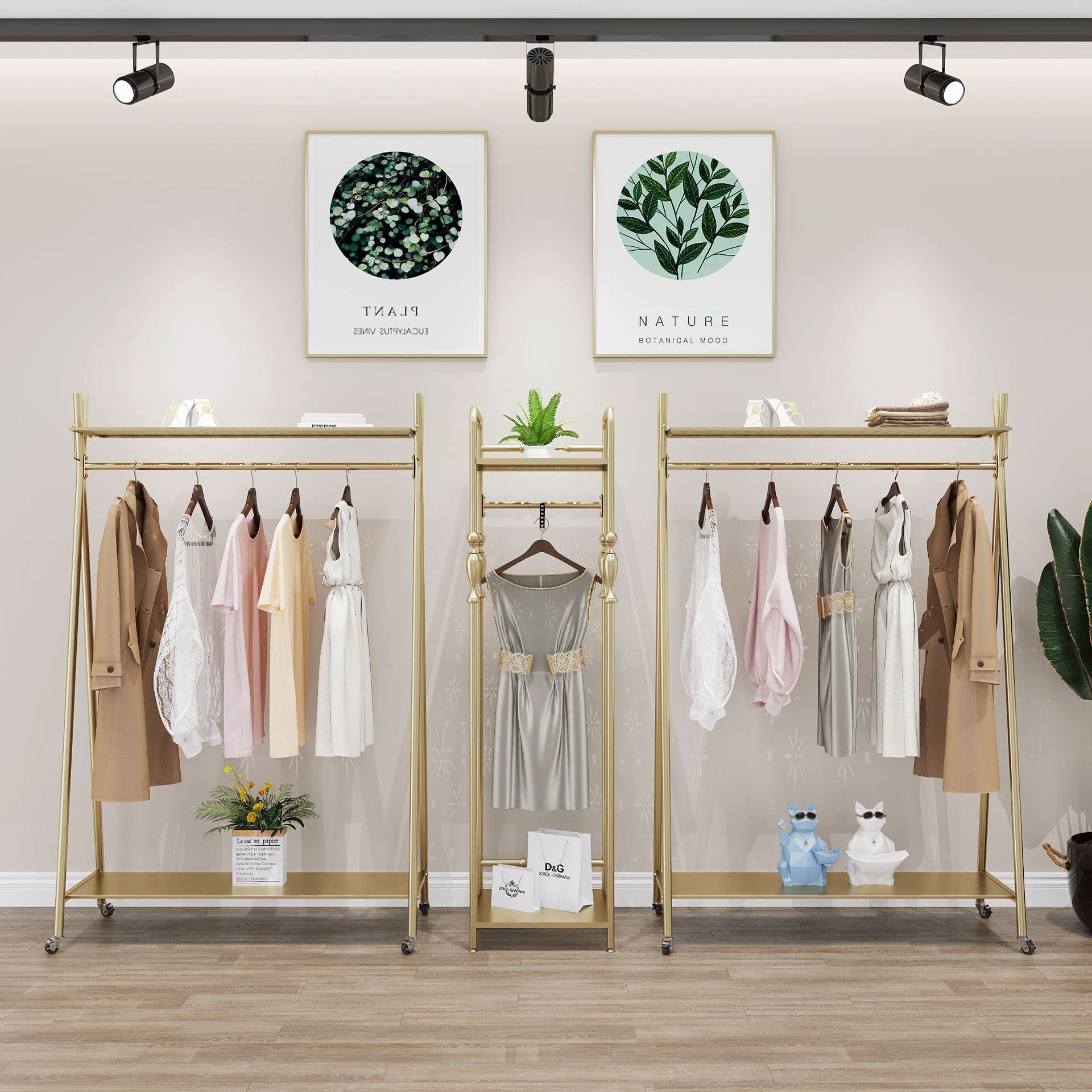 MAIKAILUN Heavy Duty Freestanding Industrial Gold Clothes Rack with Double Shelves - 47 Inch Movable Coat Rack for Organizing Clothes, Shoes, Jackets - Perfect for Bedroom, Closet, Laundry Room or Retail Store Display