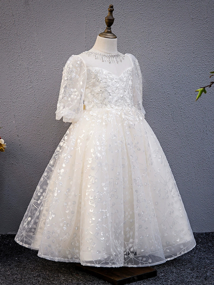 White Princess Sweetheart Floor Length Tulle Flower Girl Dress for Weddings & Special Occasions