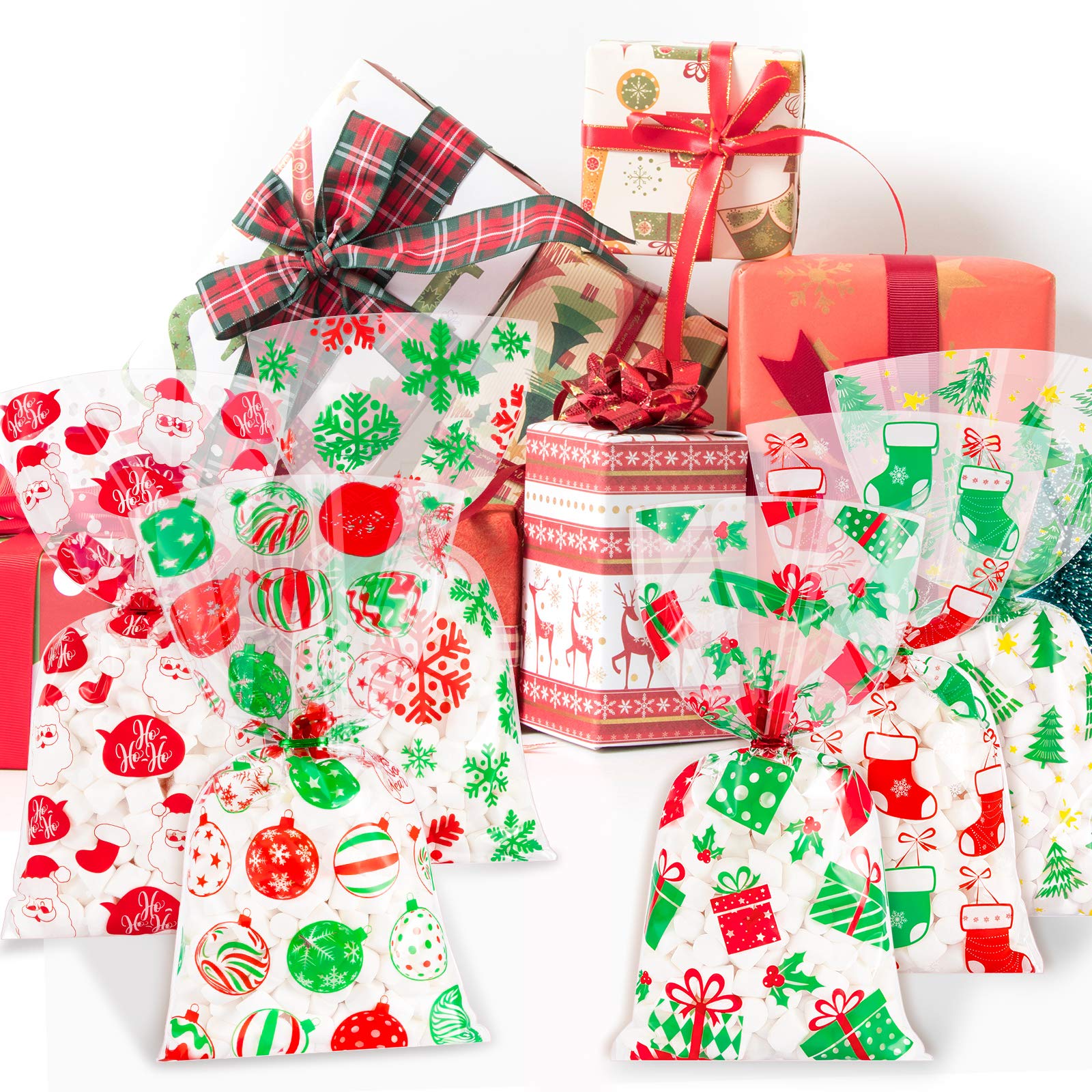 150Pcs Christmas Cellophane Bags with Twist Tie - 6 Festive Designs (Snowman, Xmas Tree, Snowflake) for Candy, Treats & Party Favors | Perfect for Holiday Gift Wrapping, Table Decor & Christmas Celebrations