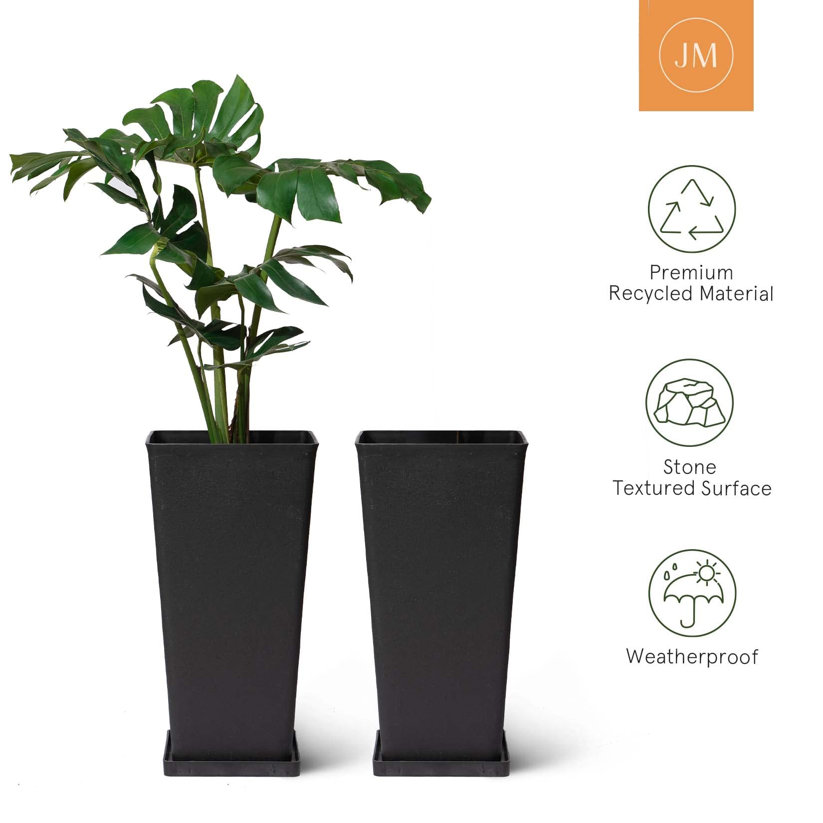LA Jolie Muse 20 Inch Tall Black Rectangular Outdoor Planters - Set of 2 Modern Tapered Garden Pots with Shelf Insert for Plants | Perfect for Front Door Decor, Patio, Balcony & Large Garden Flower Arrangements