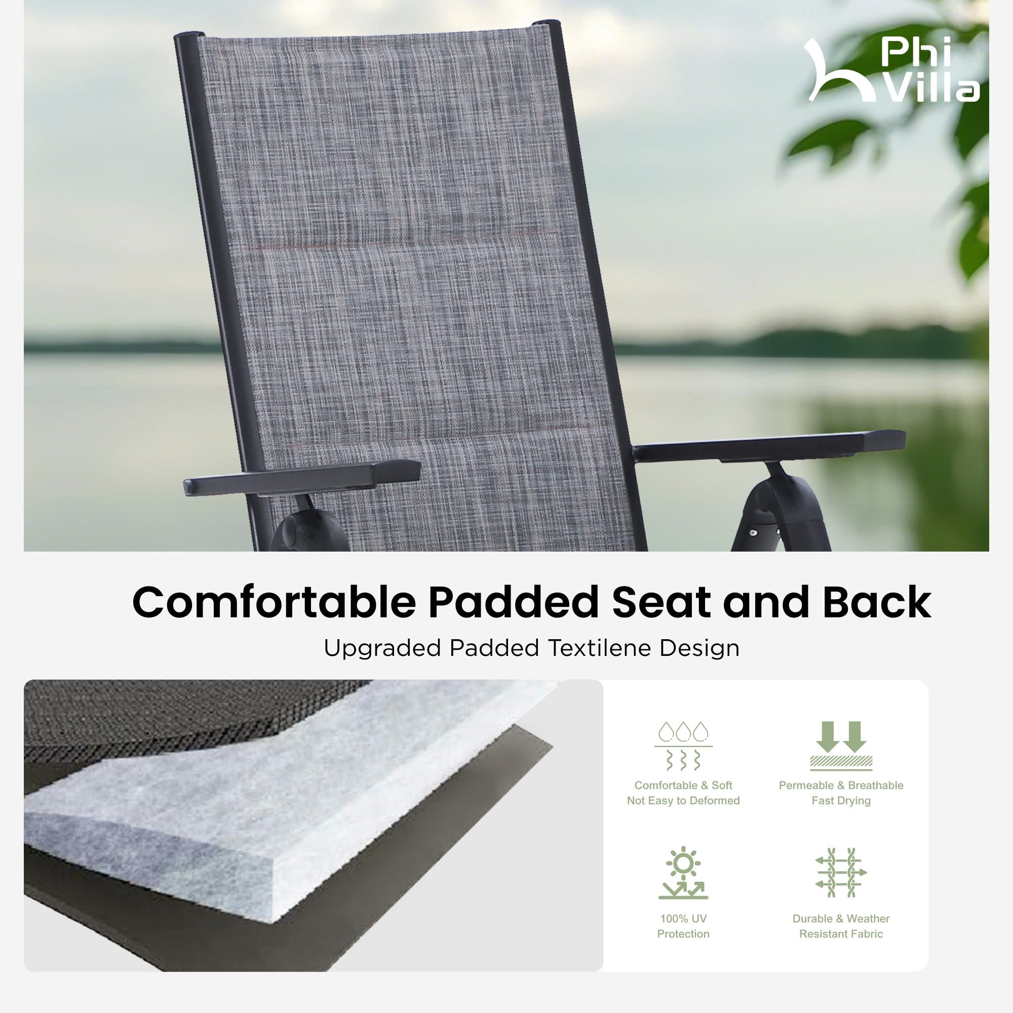 PHI VILLA 4-Piece Outdoor Dining Set - Square Metal Patio Table with 4 Foldable Padded Chairs & Adjustable Backrest - Weather-Resistant Garden Furniture for Backyard, Deck, Poolside or Balcony Dining