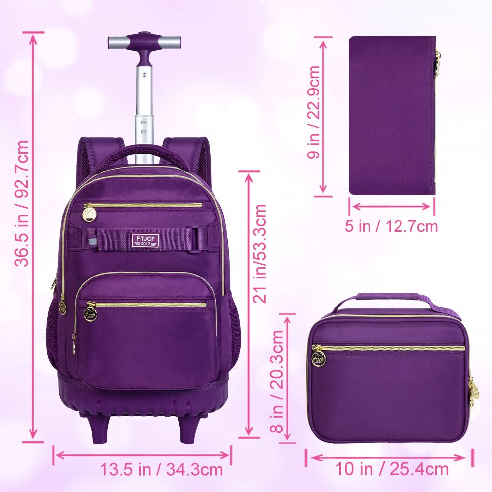 3Pcs Rolling Backpack for Girls & Women - 19 Inch Wheeled Backpack with Lunch Box, Durable School Bookbag with Wheels for Travel & Commuting (Deep Purple) - Perfect for School, College, Work & Airplane Carry-On