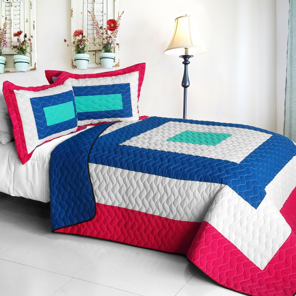 Stylish Vermicelli-Quilted Patchwork Geometric Quilt Set - Full/Queen Size for Cozy Bedroom Decor | Perfect for Modern Home, Guest Room & Dorm