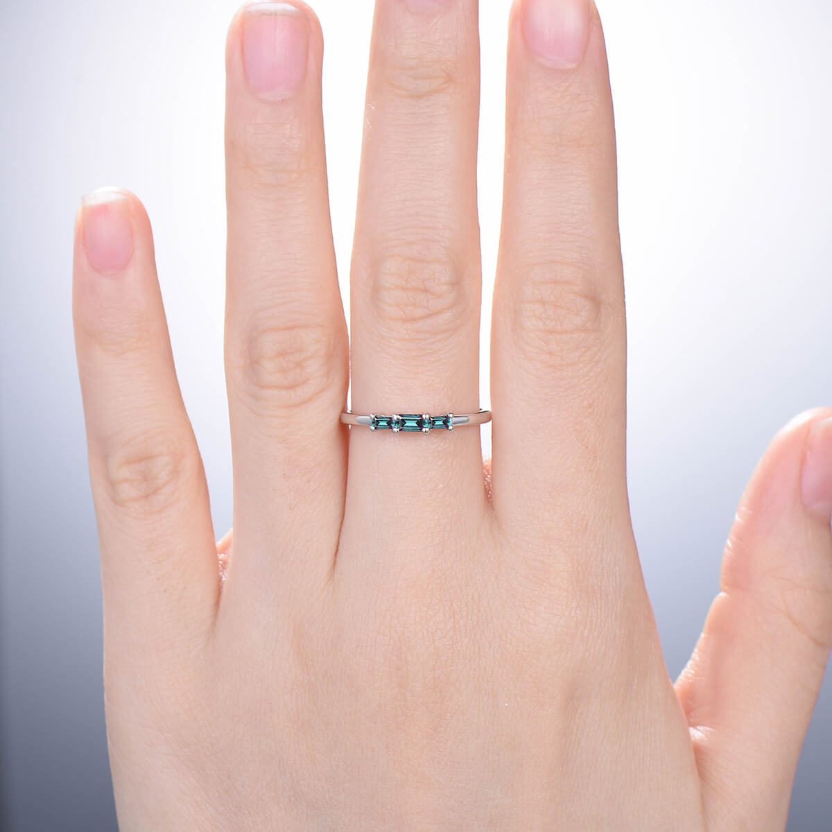 East to West Baguette Alexandrite Ring - Three Stone Color Changing Gemstone Wedding Band, Stackable Dainty Ring for June Birthstone & Anniversary Gift - Perfect for Bridal Jewelry, Engagement Stacking Rings & Special Occasion Gifts