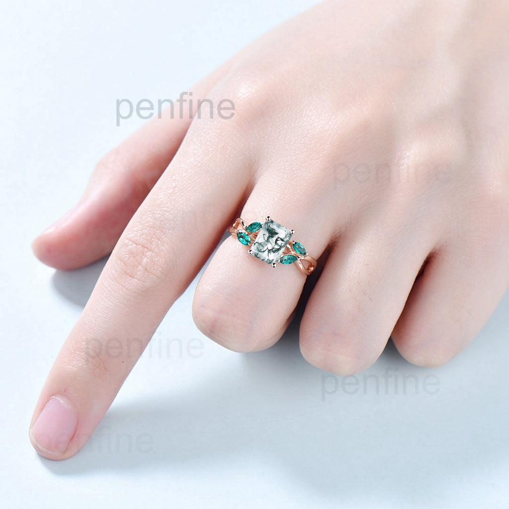 Lab-Created Emerald Cut Moss Agate Engagement Ring with Emerald Accents - Perfect for Proposals, Anniversaries & Bridal Jewelry