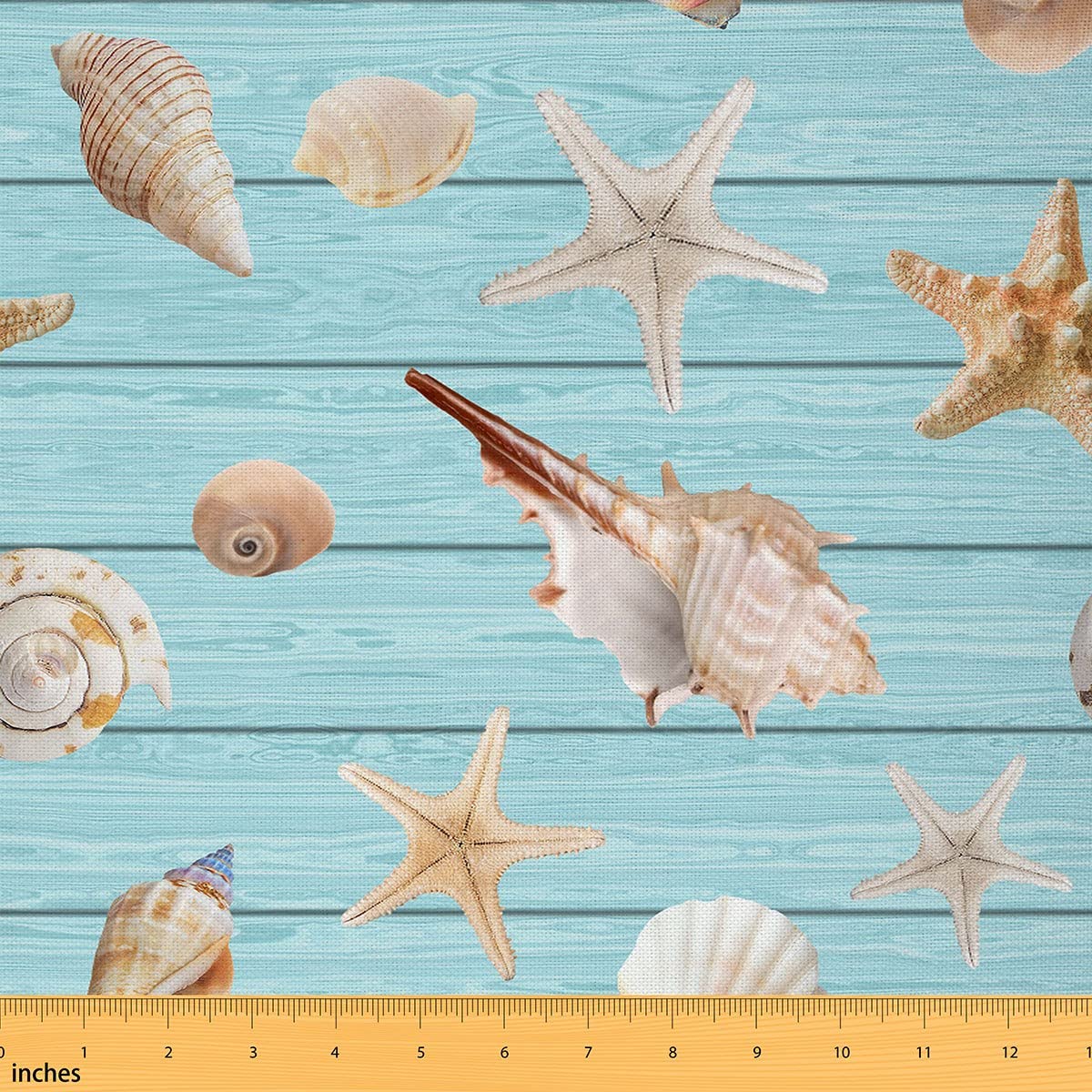 Ocean Starfish Upholstery Fabric by The Yard - Waterproof Beach & Sea Shell Decor Fabric for Chairs, Marine Nautical Home Decor (1 Yard, Tan Turquoise) - Perfect for Outdoor Furniture, Pillows, and Coastal-Themed Interior Design