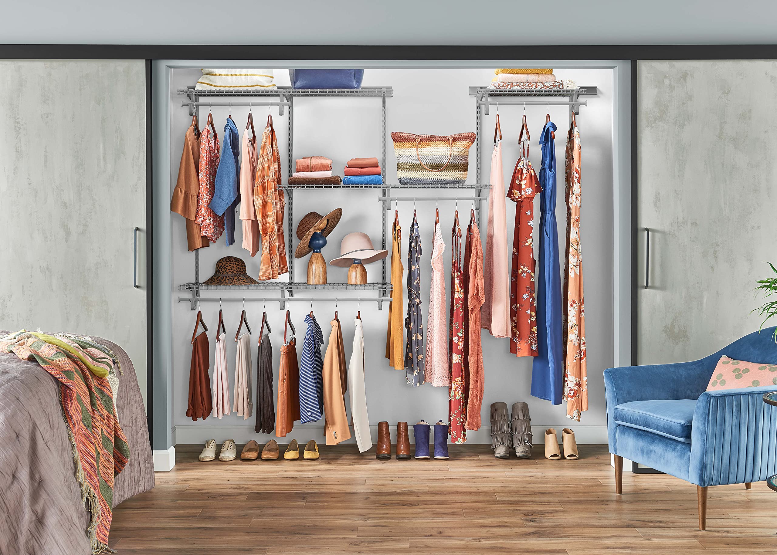ClosetMaid ShelfTrack Adjustable Wire Closet Organizer System 5-8 Ft - Steel Shelves & Clothes Rods with Satin Chrome Finish | Walk-in Closet Storage Solution for Bedrooms & Laundry Rooms