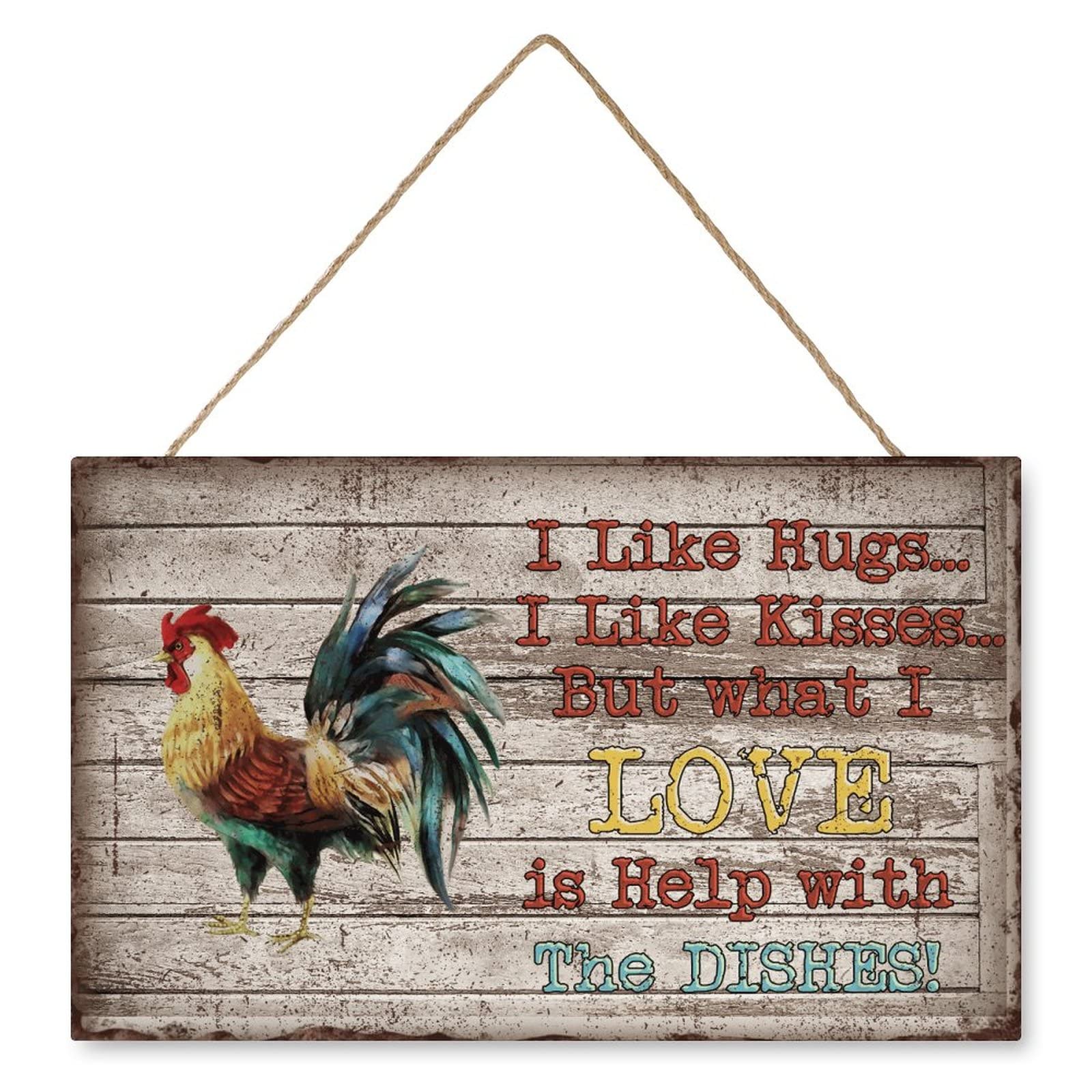 Rustic Rooster Wood Wall Art - Funny Chicken Coop Decor Sign 'I Like Hugs Kisses But What I Love Is Help with The Dishes' - Farmhouse Kitchen & Yard Decoration (10x16 inches) - Perfect for Country Homes, Farmhouse Kitchens, and Outdoor Chicken Coop Decor