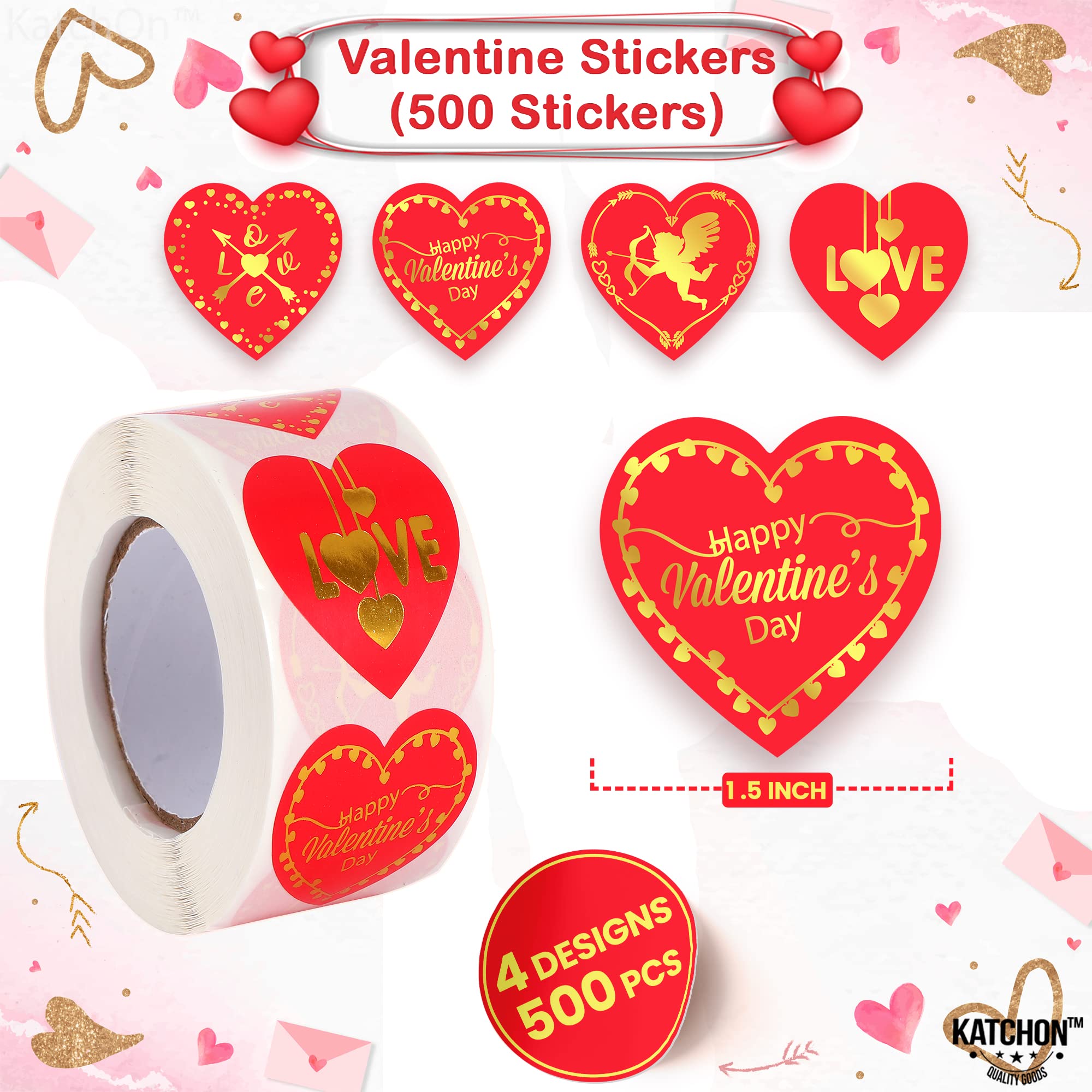 KatchOn 500-Piece Big Red Heart Stickers for Kids & Adults - 1.5 Inch Shiny Valentine's Day Stickers for Cards, Scrapbooks, Party Decorations & Gift Wrapping
