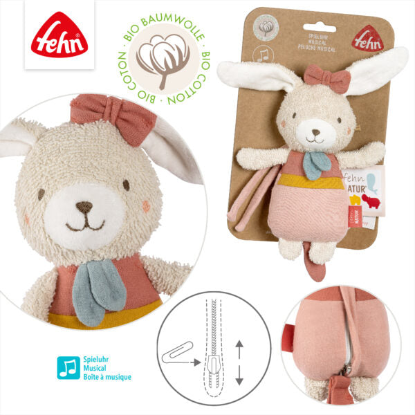 Fehn Mini Musical Hare - Adorable Plush Toy with Soothing Lullabies for Babies & Toddlers | Perfect Nursery Gift, Baby Shower Present & Early Childhood Development