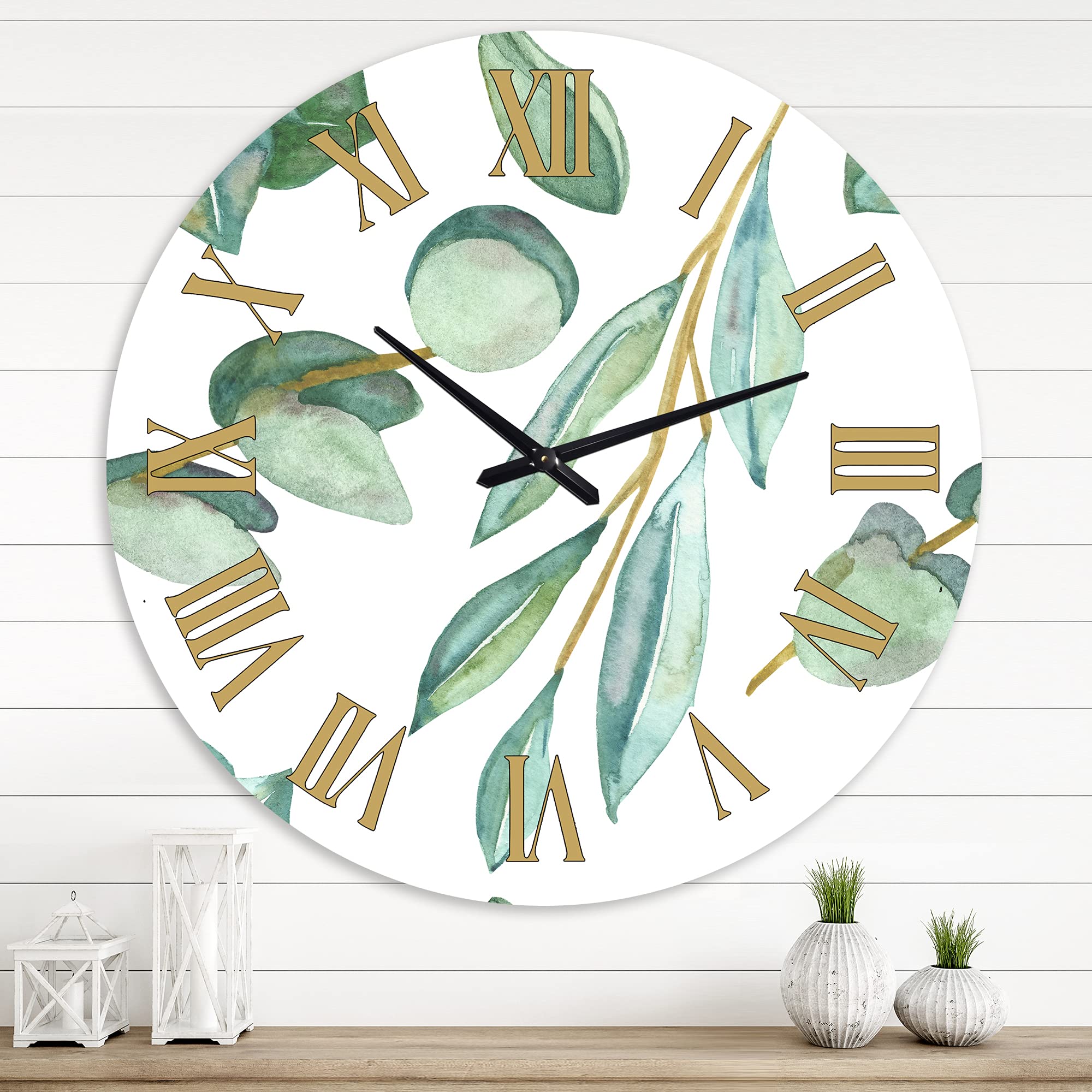 DesignQ Traditional Wall Clock - Young Eucalyptus Leaves & Branches III - Large Floral Botanical Wall Clock for Kitchen, Living Room, Bedroom Decor - Perfect for Farmhouse, Vintage & Home Office Decoration