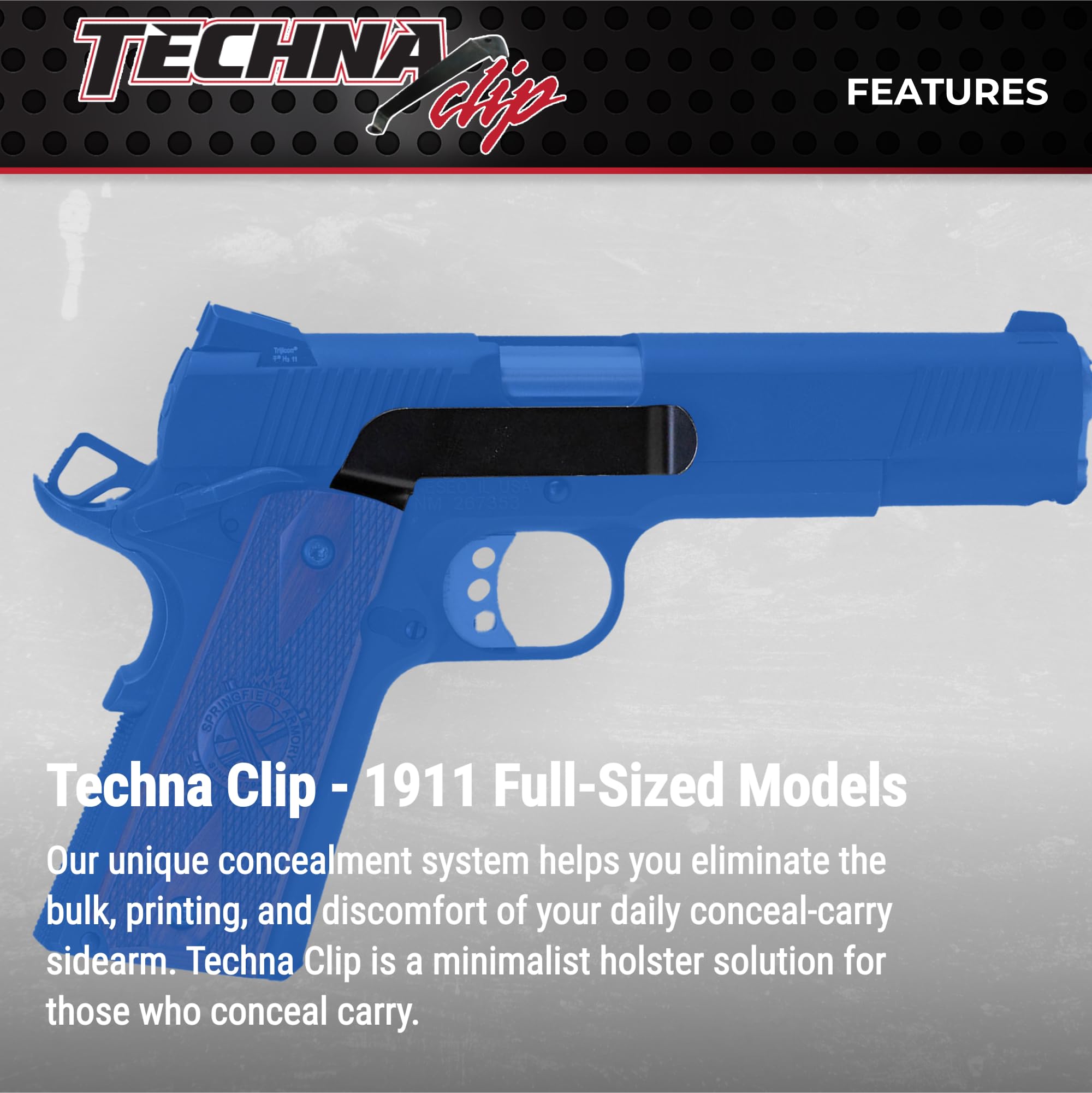 Techna Clip Concealment System for 1911 .45 ACP Pistols - Durable High-Carbon Steel Gun Clip with Teflon Coating - Right Side Carry, Easy Install Holster Clip (Black) - Perfect for Concealed Carry, Home Defense & Range Use