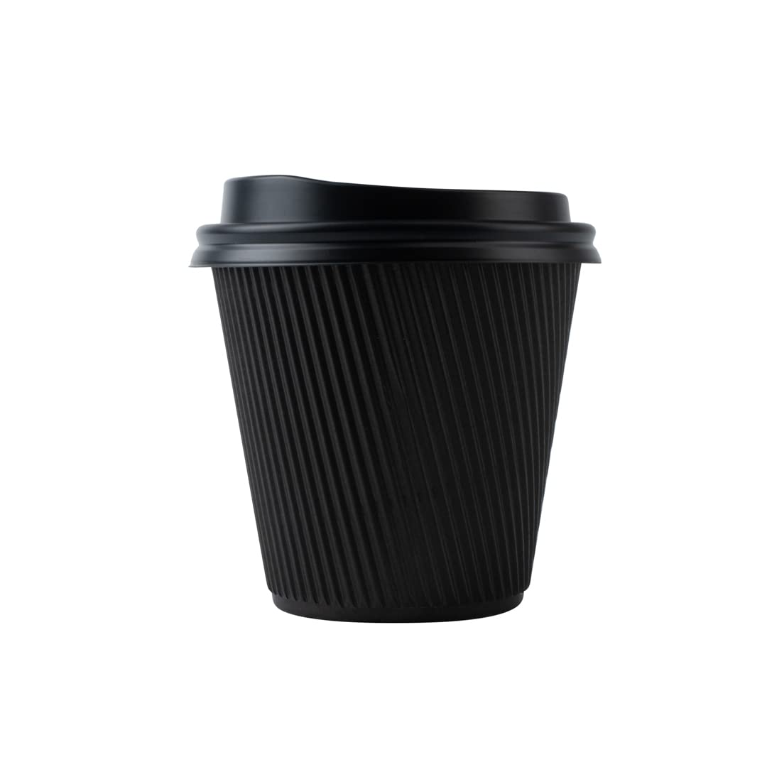 Restaurantware 8oz Insulated Coffee Cups with Lids - 400 Pack Leakproof Ripple Wall Hot Drink Cups | Disposable Black Paper Cups for Coffee, Tea, Hot Chocolate & Lattes | Perfect for Cafes, Offices & Catering Events