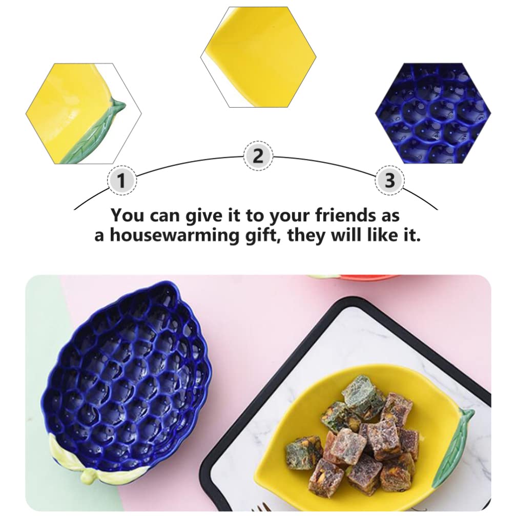 3Pcs Ceramic Dessert Plates - Cute Fruit-Shaped Snack Bowls for Dried Fruits, Salads, Sauces & Seasonings (Grape, Strawberry, Lemon) | Perfect for Tea Parties, Picnics & Home Decor